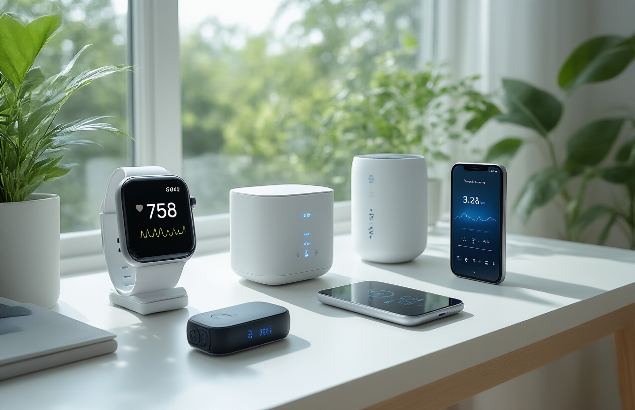 Create a realistic image of a modern wellness setup featuring health and wellness tech gadgets arranged on a clean white desk, including a smartwatch displaying heart rate data, a fitness tracker, a smart water bottle, a meditation headband device, an air purifier with blue LED indicators, a smartphone showing a wellness app interface, and a sleek sleep tracking device, all positioned in a bright, minimalist room with natural lighting from a large window, soft shadows, and green plants in the background creating a calm and healthy atmosphere, shot with professional lighting to emphasize the clean, modern aesthetic of the wellness technology products, absolutely NO text should be in the scene.