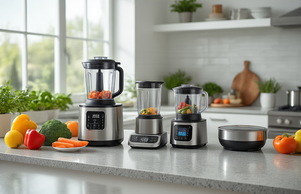 Create a realistic image of a modern kitchen countertop showcasing various high-tech kitchen gadgets that make food preparation easier, including a sleek food processor, digital kitchen scale, programmable electric pressure cooker, smart blender, and automated vegetable chopper, arranged on a clean granite counter with fresh ingredients like vegetables and fruits nearby, bright natural lighting from a window, contemporary kitchen background with white cabinets and stainless steel appliances, professional and organized atmosphere, absolutely NO text should be in the scene.