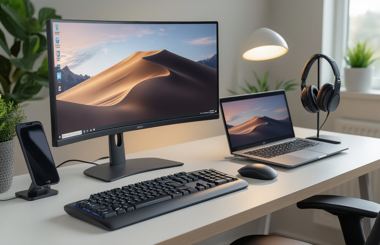 Create a realistic image of a modern, well-organized desk workspace featuring multiple tech gadgets including an ergonomic wireless keyboard, curved computer monitor, wireless mouse on a sleek mousepad, adjustable LED desk lamp, smartphone charging station, noise-canceling headphones hanging on a stand, and a laptop stand with an open laptop, all arranged on a clean white or light wood desk surface with soft natural lighting from a nearby window, creating a comfortable and productive atmosphere, absolutely NO text should be in the scene.