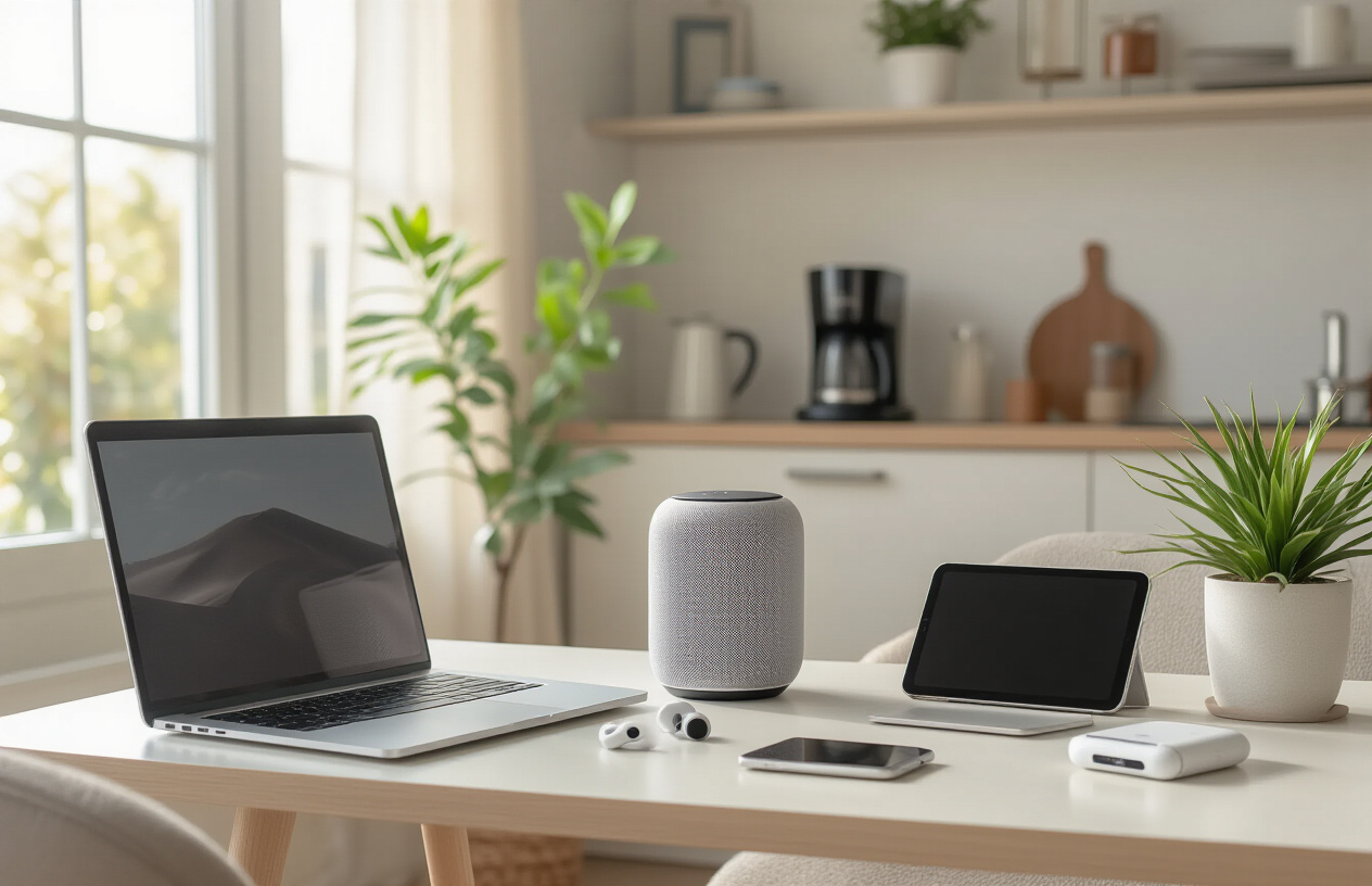 Create a realistic image of a modern, comfortable living space showcasing various tech gadgets for everyday comfort, featuring a cozy home office corner with a laptop and ergonomic accessories on a clean desk, a smart speaker and tablet on a nearby side table, wireless earbuds and a fitness tracker laid out elegantly, a sleek coffee maker and kitchen gadgets visible in the background, soft natural lighting streaming through a window creating a warm and inviting atmosphere, with a potted plant adding a touch of nature, all arranged in a harmonious and organized manner that conveys convenience and modern lifestyle comfort, absolutely NO text should be in the scene.