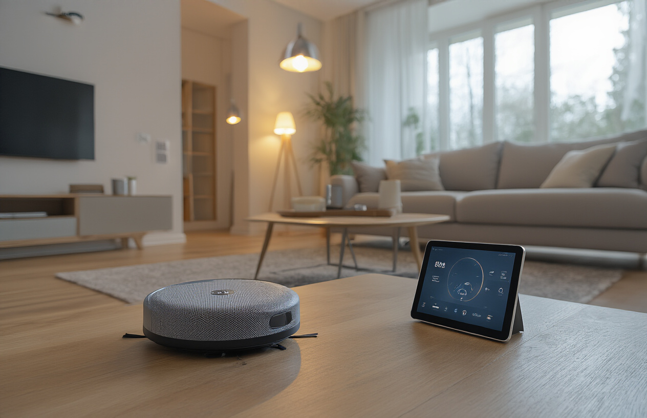 Create a realistic image of a modern living room showcasing multiple smart home devices including a voice assistant speaker on a coffee table, smart light bulbs glowing warmly, a robotic vacuum cleaner on hardwood floors, a smart thermostat on the wall, and a tablet displaying home automation controls resting on a couch, with soft natural lighting streaming through windows creating a comfortable and tech-savvy atmosphere that emphasizes convenience and time-saving functionality, absolutely NO text should be in the scene.