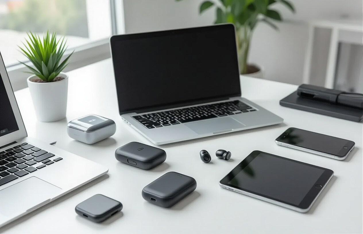 Create a realistic image of a modern workspace setup featuring various portable tech gadgets arranged on a sleek white desk, including a laptop computer, smartphone, wireless earbuds in their charging case, a portable power bank, a smartwatch, and a compact tablet, with a minimalist background showing a bright, clean office environment with natural lighting from a nearby window, creating a professional and organized atmosphere that emphasizes mobility and efficiency, absolutely NO text should be in the scene.