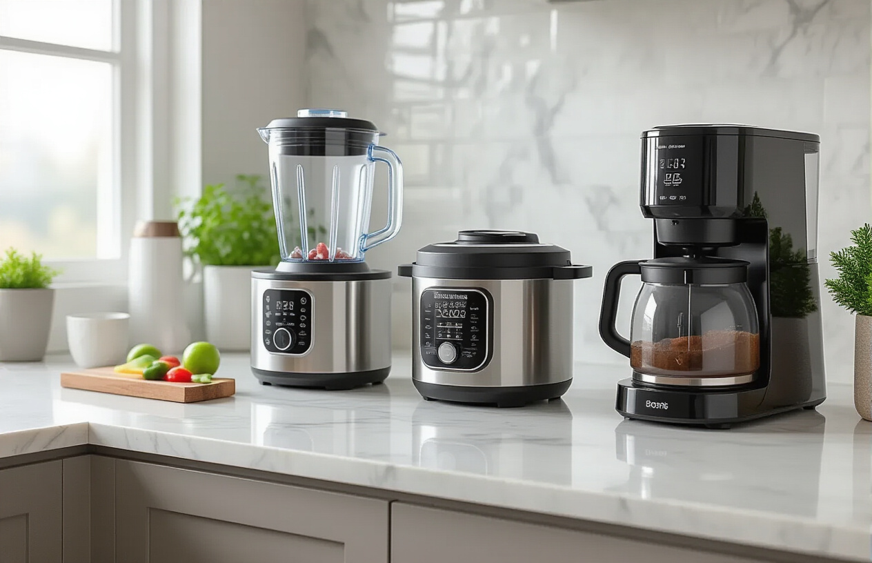 Create a realistic image of a modern kitchen countertop featuring several sleek convenience gadgets including a high-tech blender, an instant pot or multi-cooker, a food processor, and a smart coffee maker, all arranged on a clean marble or granite surface with soft natural lighting from a nearby window, emphasizing the streamlined design and contemporary appeal of these meal preparation appliances. Absolutely NO text should be in the scene.