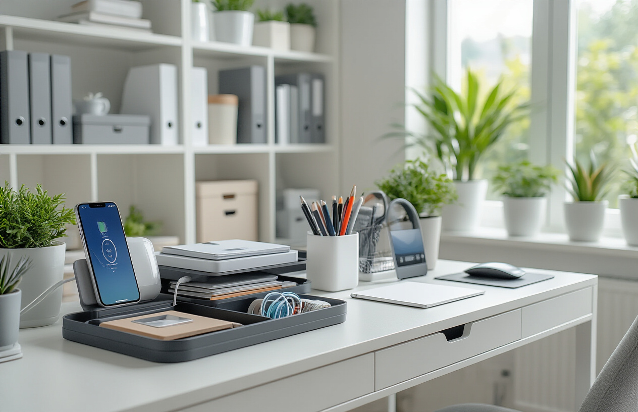 Create a realistic image of a modern home office desk featuring various organizational gadgets including wireless charging stations with smartphones, cable management systems with neatly arranged cords, drawer organizers with compartments holding pens and small items, a sleek desktop file organizer with documents, smart label makers, and compact storage boxes arranged on clean white shelving in the background, all set in a bright, minimalist room with natural lighting from a nearby window, showcasing how these gadgets create an organized and clutter-free workspace, absolutely NO text should be in the scene.
