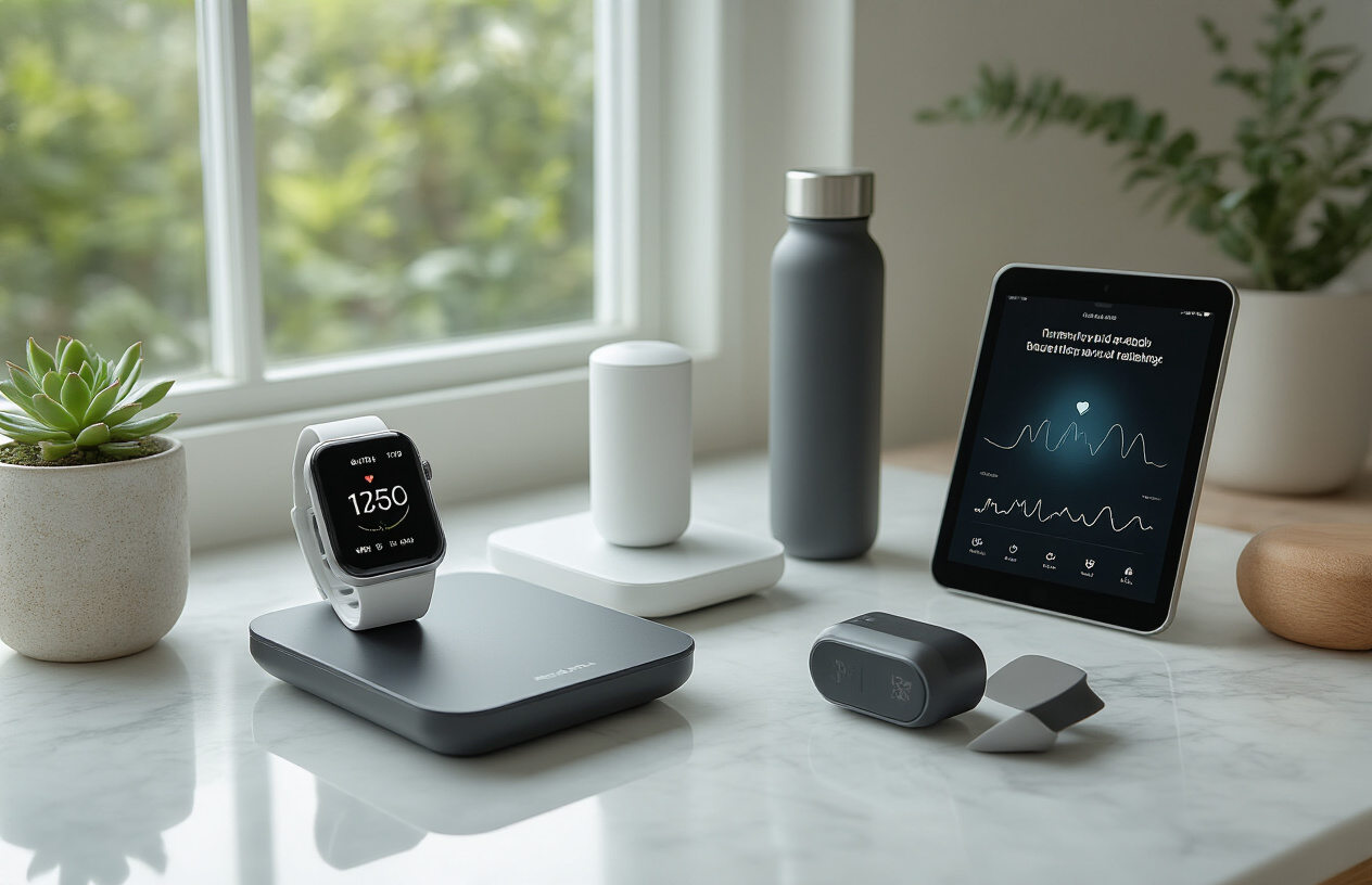 Create a realistic image of a modern wellness setup featuring sleek health monitoring gadgets including a smartwatch displaying heart rate, a digital scale, a smart water bottle, fitness tracker, and a meditation app on a tablet, all arranged on a clean white marble surface with soft natural lighting from a nearby window, surrounded by minimalist home decor elements like a small succulent plant and wooden accents, conveying a serene and organized atmosphere for effortless self-care routines, absolutely NO text should be in the scene.