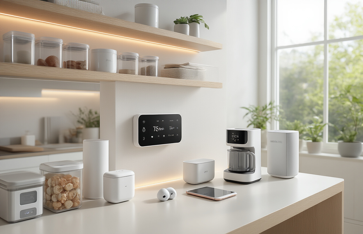 Create a realistic image of a modern, organized living space showcasing multiple convenience gadgets harmoniously arranged together, including a smart home display panel on a clean white wall, sleek portable wireless earbuds and power bank on a minimalist desk, a compact food processor and smart coffee maker on a kitchen counter, clear storage containers with digital labels on floating shelves, and a fitness tracker and air purifier nearby, all connected by subtle LED lighting accents, set in a bright, airy room with natural sunlight streaming through large windows, featuring a warm and inviting atmosphere that conveys efficiency and modern lifestyle convenience, shot from a wide angle perspective that captures the seamless integration of technology into daily life, absolutely NO text should be in the scene.