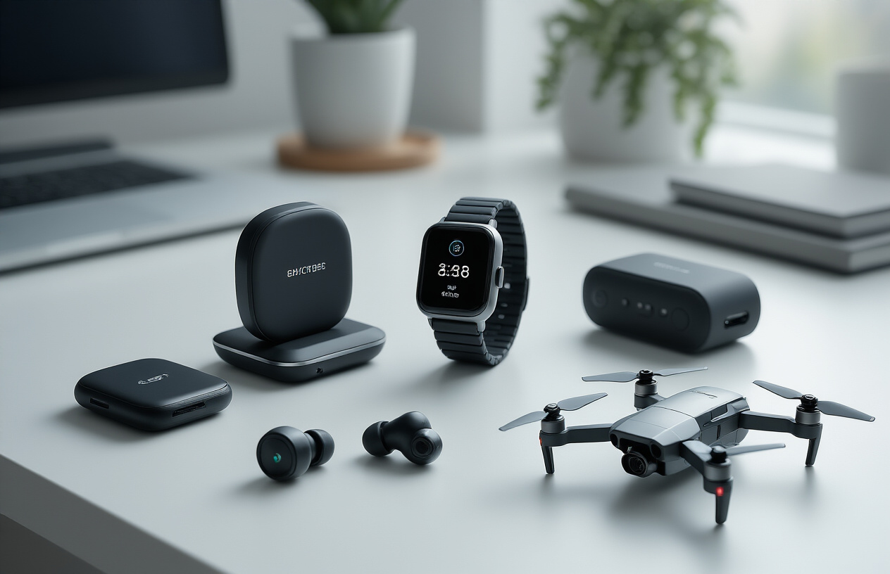 Create a realistic image of a collection of tiny high-tech gadgets arranged on a clean white desk surface, including a miniature wireless charger, compact bluetooth earbuds, a small smartwatch, a pocket-sized power bank, and a mini drone, all displaying sleek modern designs with metallic and black finishes, soft natural lighting from above creating subtle shadows, clean minimalist background with a blurred home office setting, conveying innovation and portability, absolutely NO text should be in the scene.