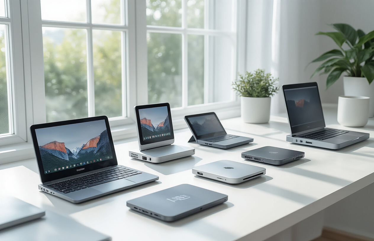 Create a realistic image of a modern workspace featuring multiple ultra-compact computing devices including mini laptops, tiny tablets, micro PCs, and small handheld computers arranged on a sleek white desk surface, with soft natural lighting from a window creating gentle shadows, clean minimalist background with subtle tech elements, professional atmosphere emphasizing portability and advanced technology, devices shown in various angles to display their compact size and premium design, absolutely NO text should be in the scene.