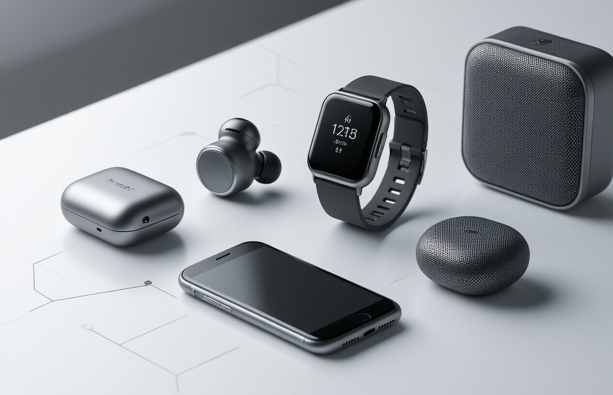 Create a realistic image of an array of ultra-compact modern communication devices including tiny wireless earbuds, a miniature smartphone, a small smartwatch, and micro Bluetooth speakers arranged on a sleek white surface, with soft professional lighting highlighting their metallic and glass finishes, clean minimalist background with subtle tech-inspired geometric patterns, emphasizing the sophisticated miniaturized technology and premium build quality of each device, absolutely NO text should be in the scene.