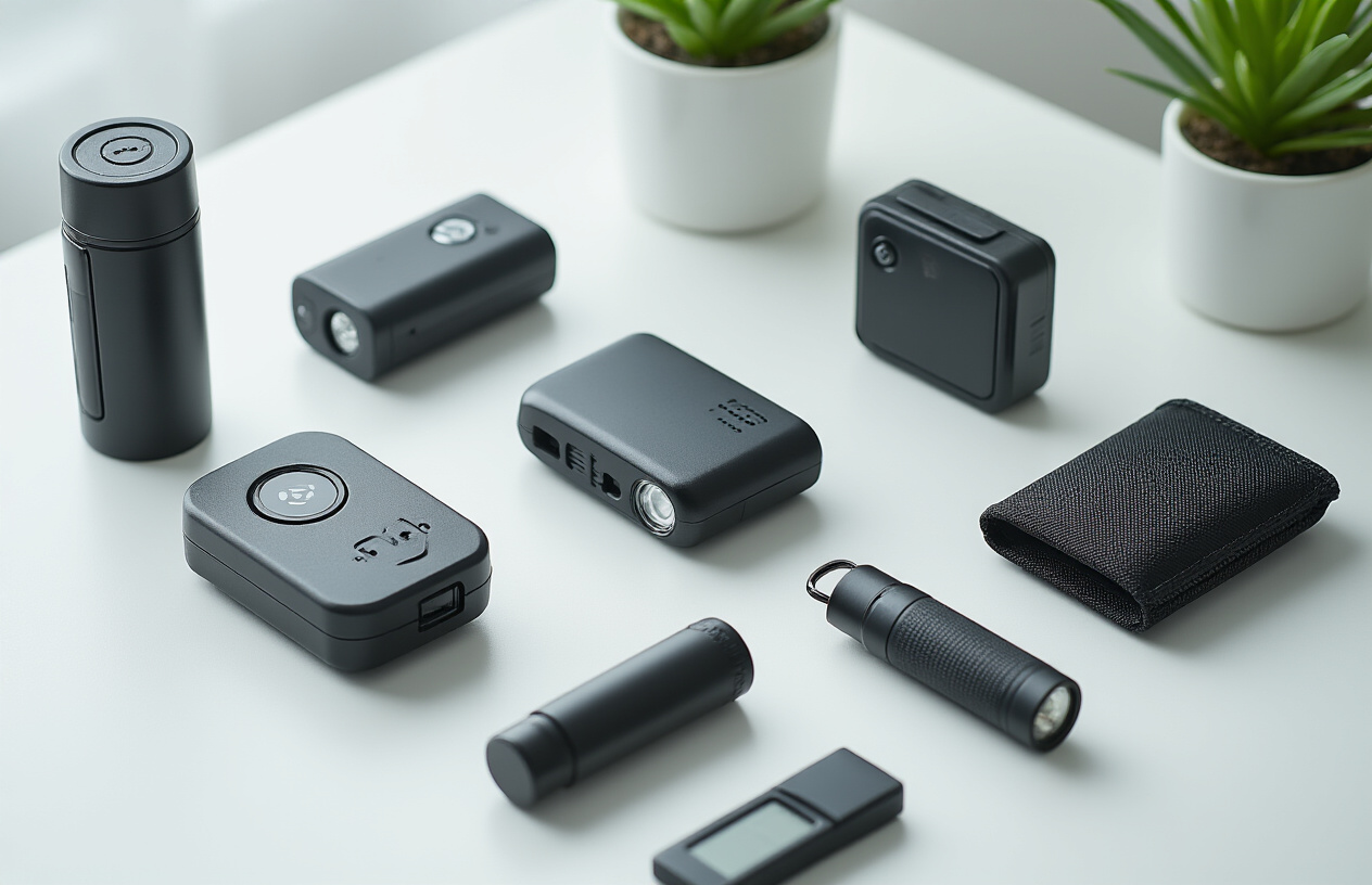 Create a realistic image of a collection of small security and safety gadgets arranged on a clean white surface, including a compact personal alarm, mini pepper spray, portable door lock, small flashlight, emergency whistle, and pocket-sized GPS tracker, with soft natural lighting highlighting their sleek modern designs and compact sizes, shot from a slightly elevated angle to showcase their portability and practical features, Absolutely NO text should be in the scene.