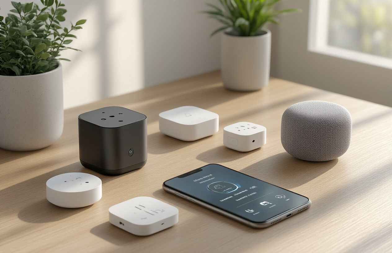 Create a realistic image of a collection of compact smart home control devices arranged on a modern wooden desk, including a small smart hub, pocket-sized voice assistant, mini smart switches, and a smartphone displaying a home automation app, with soft natural lighting from a nearby window creating gentle shadows, set against a clean minimalist home office background with neutral colors, showcasing the portable nature of these powerful mini gadgets, absolutely NO text should be in the scene.