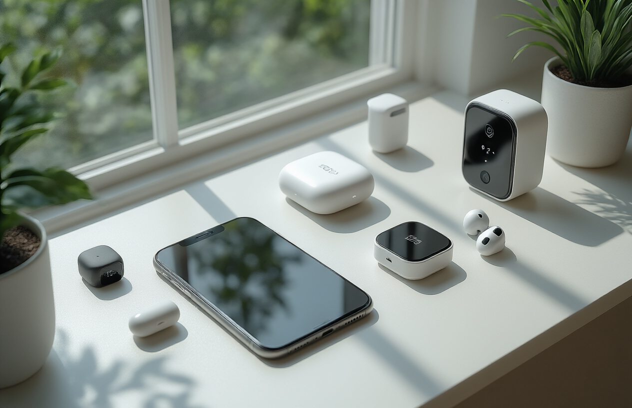 Create a realistic image of a clean white desk surface from above showing an organized collection of small modern gadgets including a compact smartphone, wireless earbuds, a mini portable charger, a small smart home hub device, and a tiny security camera, all neatly arranged in a semi-circle formation with soft natural lighting from a window creating gentle shadows, modern minimalist office environment in the background, conveying innovation and convenience, absolutely NO text should be in the scene.