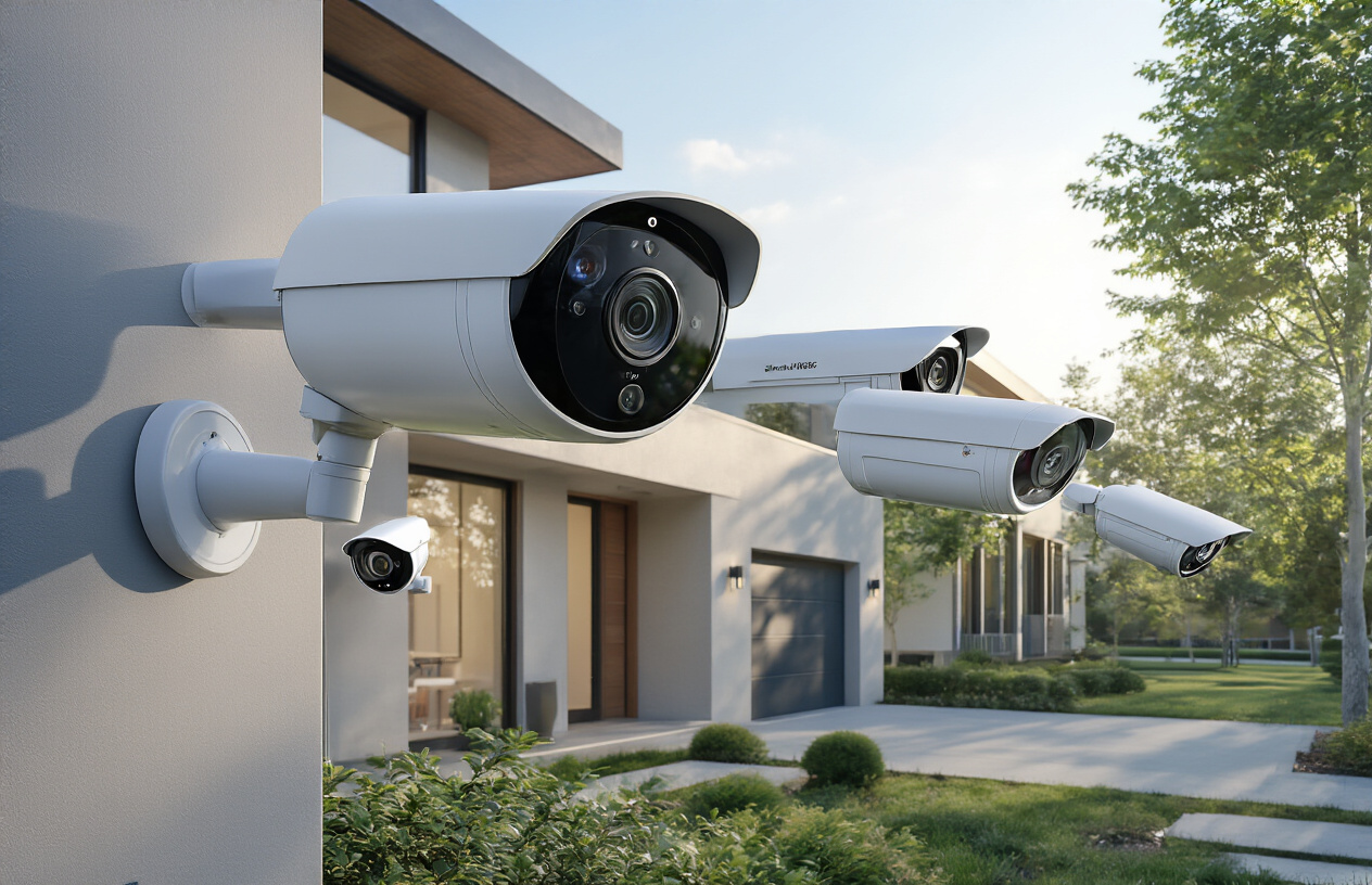 Create a realistic image of multiple modern smart security cameras mounted on the exterior walls of a contemporary home, with one prominent camera in the foreground showing its sleek design and LED indicators, additional cameras visible on different angles of the house including near the front door and garage area, clear daytime lighting showcasing the cameras' crystal-clear lens quality, clean residential neighborhood setting with well-maintained landscaping, professional installation appearance with clean wiring, cameras positioned strategically for optimal coverage, bright natural lighting that emphasizes the high-tech appearance and monitoring capabilities of the devices, absolutely NO text should be in the scene.