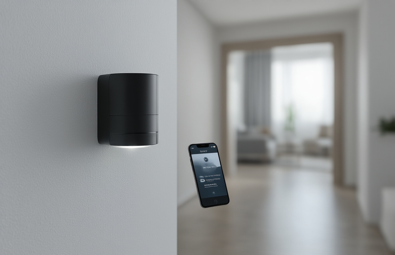 Create a realistic image of a modern motion detection sensor mounted on the corner of a white wall inside a contemporary home, with a sleek black or white cylindrical design and LED indicator light, positioned near a doorway or hallway entrance, featuring clean indoor lighting that highlights the device's professional appearance, with a smartphone in the foreground displaying a security alert notification on its screen, set against a minimalist home interior with neutral colors and modern furnishings visible in the background, emphasizing the instant connectivity between the motion sensor and mobile device, absolutely NO text should be in the scene.