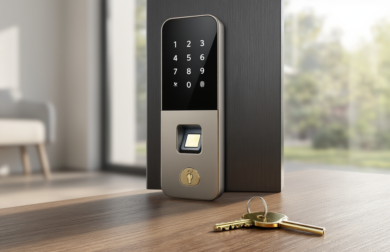Create a realistic image of a modern smart door lock installed on a sleek front door, showing the electronic keypad and fingerprint scanner prominently, with a traditional brass key lying on a wooden table nearby appearing obsolete and unused, set against a contemporary home entrance with soft natural lighting from a nearby window, emphasizing the contrast between old and new security technology. Absolutely NO text should be in the scene.