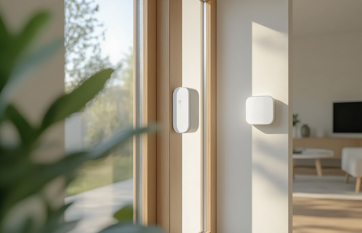 Create a realistic image of modern white window and door sensors installed on various entry points of a contemporary home, showing small wireless sensors mounted on window frames and door frames, with a clean indoor setting featuring natural daylight streaming through windows, wooden door frames, and a minimalist home interior in the background, capturing the sleek design of smart home security technology in a bright, safe, and welcoming residential environment, absolutely NO text should be in the scene.