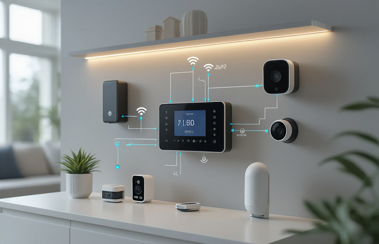 Create a realistic image of a modern home security control panel mounted on a wall displaying a network diagram with connected smart devices, surrounded by various security equipment including motion sensors, door sensors, security cameras, and a smart doorbell, all positioned on a clean white surface with soft ambient lighting, showing wireless connection indicators between devices to illustrate system coordination, with a minimalist home interior background, absolutely NO text should be in the scene.