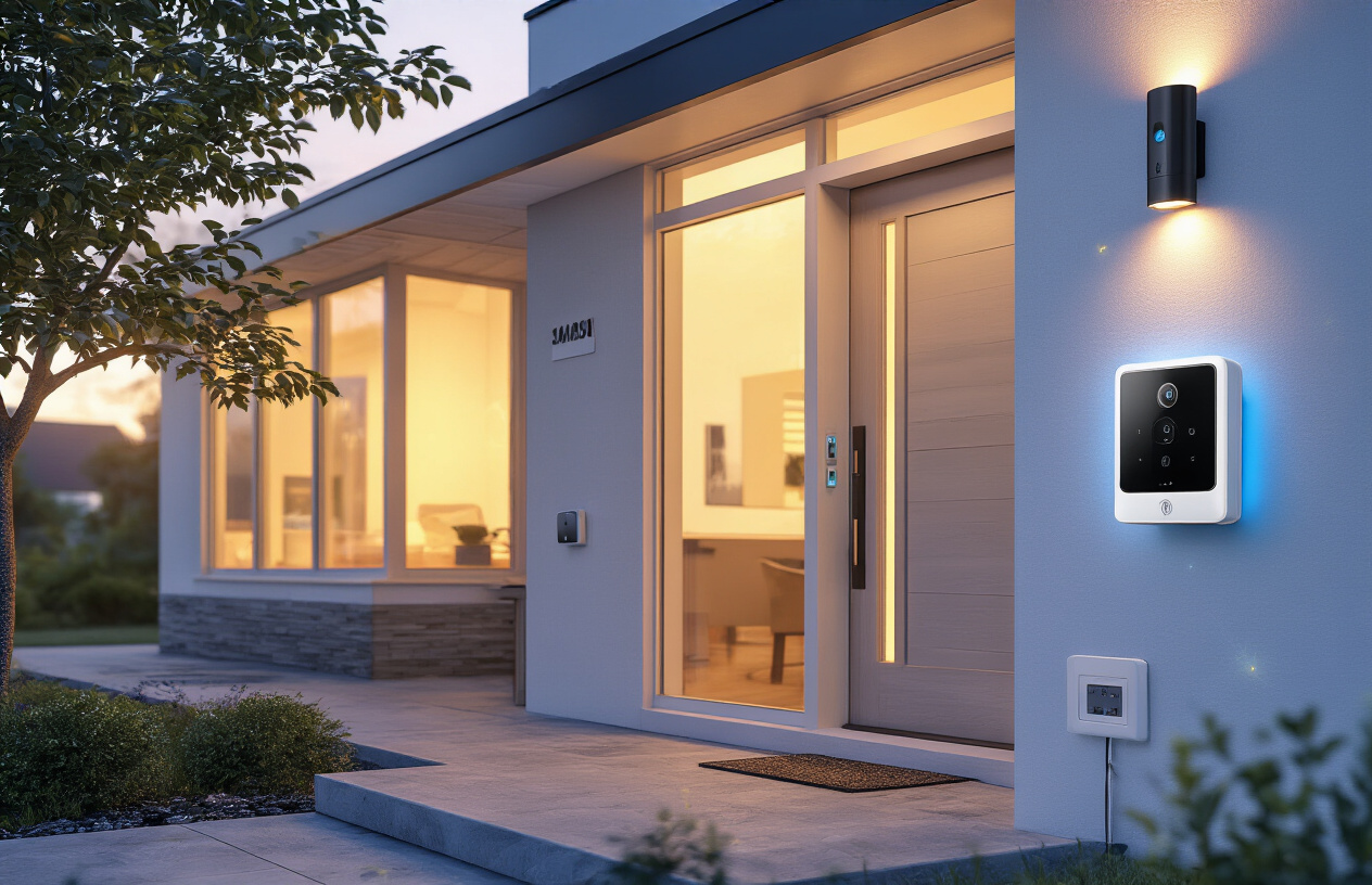 Create a realistic image of a modern home exterior at dusk with warm interior lighting glowing through windows, featuring a sleek smart security camera mounted near the front door, a digital smart lock on the entrance door, motion sensors visible on the porch, and a small security system control panel discretely mounted on the wall, with subtle blue LED indicator lights on various devices suggesting an active security network, surrounded by a well-maintained suburban setting with soft twilight lighting creating a safe and secure atmosphere, absolutely NO text should be in the scene.