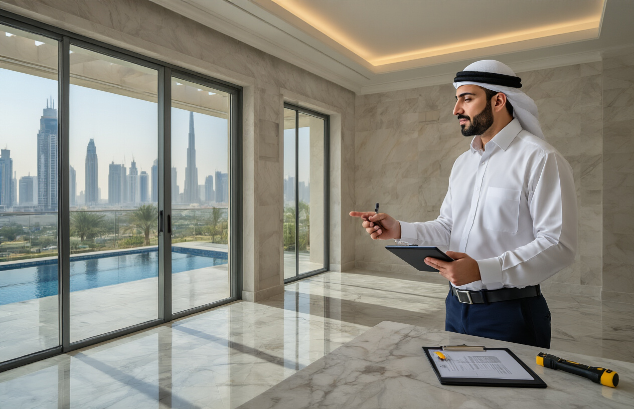 Create a realistic image of a professional male Middle Eastern property inspector wearing a white collared shirt and dark pants, holding a digital tablet and clipboard while examining the interior of a modern UAE villa, with marble floors, large windows showing Dubai skyline in the background, bright natural lighting illuminating the spacious room, the inspector pointing at electrical outlets and fixtures, a measuring tool and flashlight visible on a nearby counter, creating a professional and thorough inspection atmosphere, absolutely NO text should be in the scene.