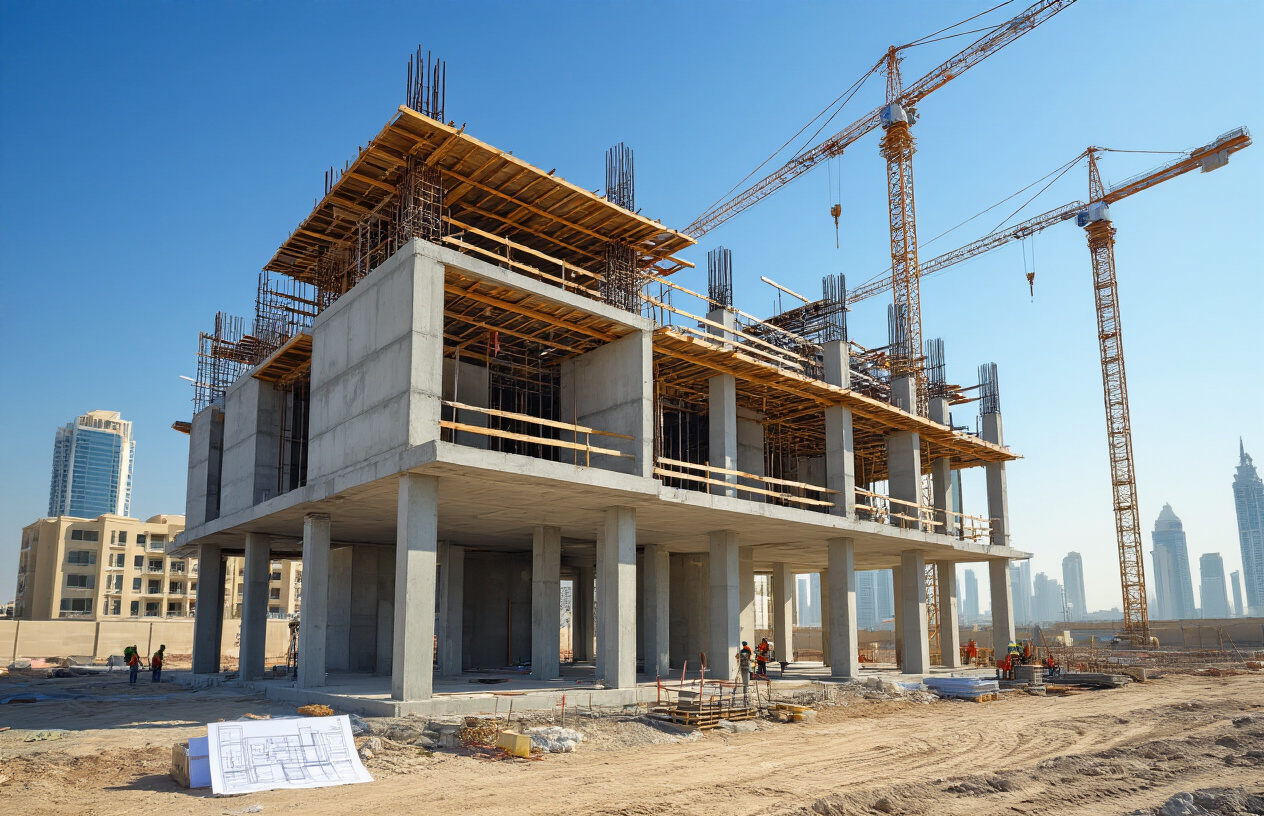 Create a realistic image of a modern UAE residential building under construction showing structural elements like concrete pillars, steel reinforcement, and building framework with construction blueprints and safety equipment visible in the foreground, bright Middle Eastern sunlight illuminating the scene, construction cranes in the background against a clear blue sky, emphasizing structural integrity and building standards compliance, absolutely NO text should be in the scene.