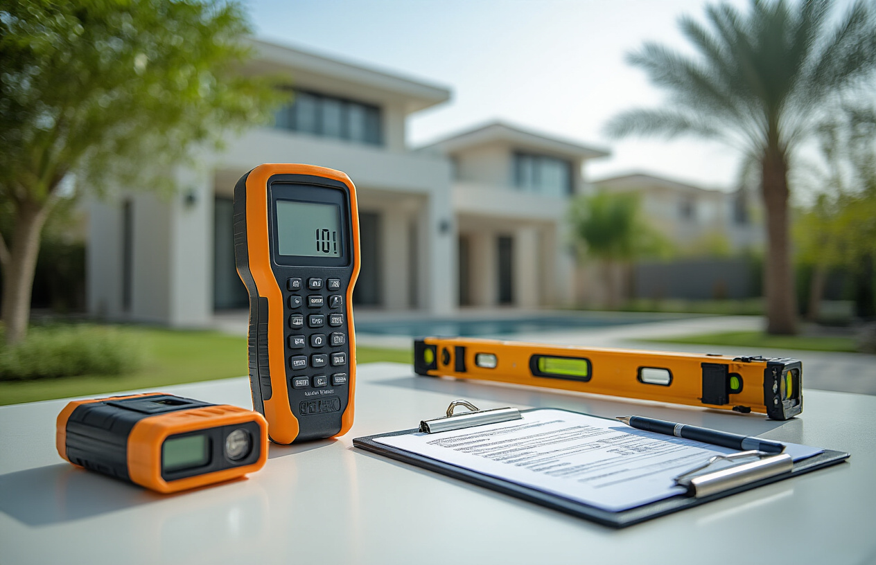 Create a realistic image of professional property inspection tools arranged on a clean white surface including a digital moisture meter, thermal imaging camera, laser measuring device, spirit level, electrical voltage tester, and inspection checklist clipboard, with a modern UAE residential property blurred in the background, bright natural lighting creating a professional and trustworthy atmosphere, absolutely NO text should be in the scene.