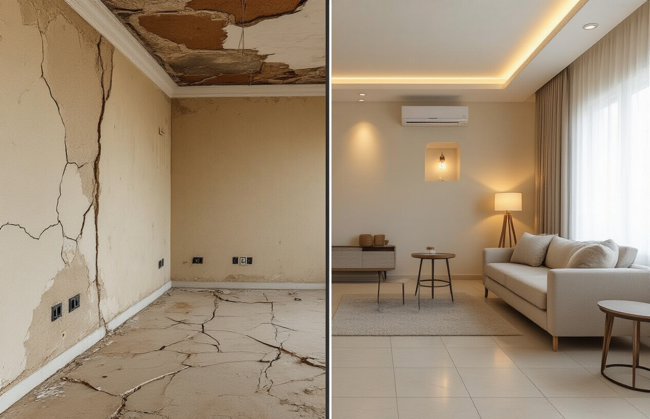 Create a realistic image of a split-screen composition showing common property defects in a UAE home, with the left side displaying problematic areas including cracked walls with visible fissures, water damage stains on ceiling, loose floor tiles, and faulty electrical outlets, while the right side shows the same areas properly maintained with smooth painted walls, intact ceiling, properly installed tiles, and functional electrical fixtures, set in a modern Middle Eastern residential interior with warm lighting, neutral color palette, and contemporary furnishings, absolutely NO text should be in the scene.