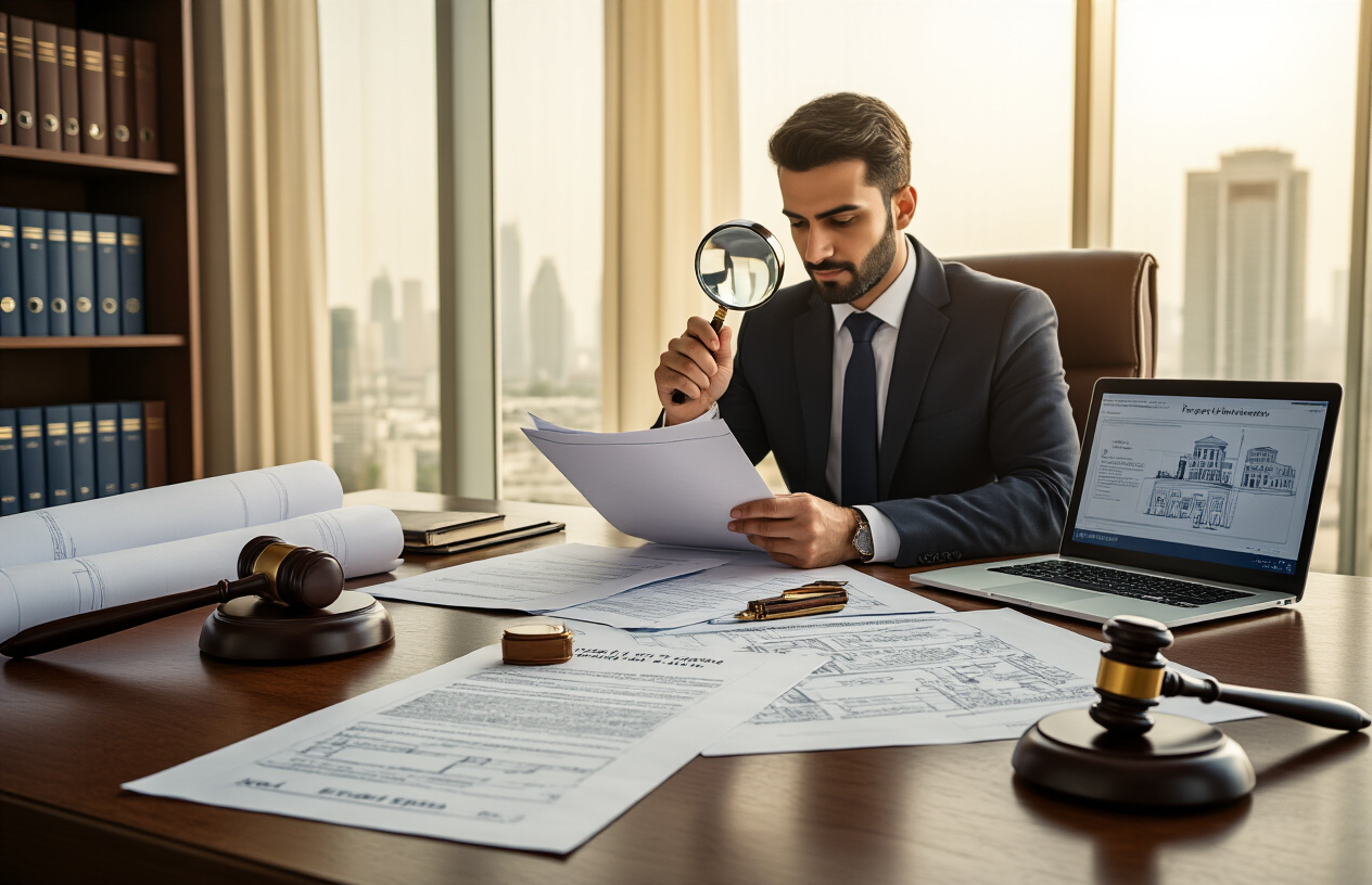 Create a realistic image of a professional office setting with legal documents, property contracts, and official papers spread across a polished wooden desk, featuring a Middle Eastern male lawyer in a dark business suit reviewing paperwork with a magnifying glass, alongside rolled architectural blueprints, a gavel, official seals and stamps, a laptop displaying property information, and UAE legal reference books in the background, with warm natural lighting streaming through large windows creating a trustworthy and authoritative atmosphere, absolutely NO text should be in the scene.