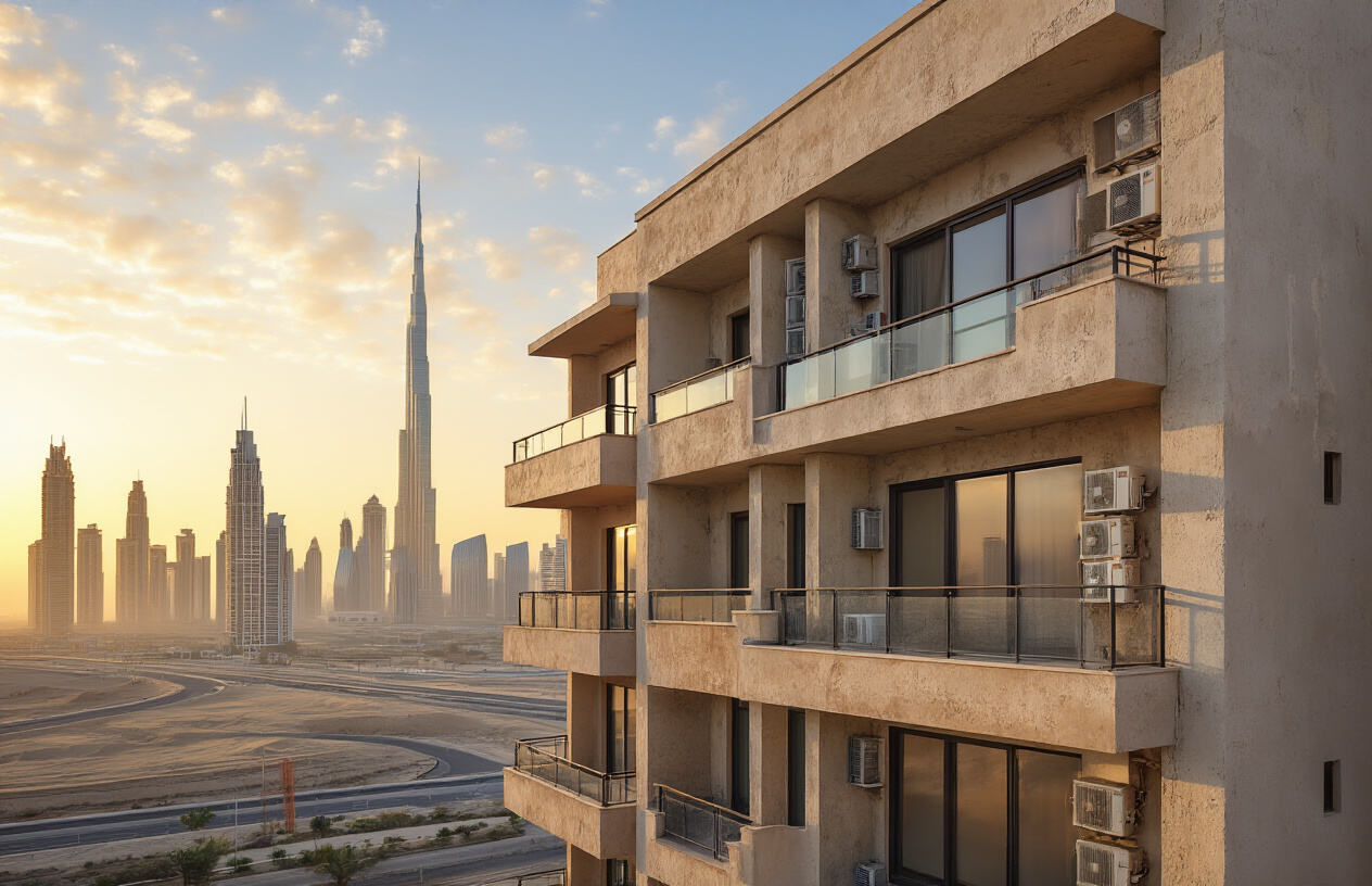 Create a realistic image of a modern Dubai residential building exterior showing visible property challenges including sand accumulation on balconies, weathered exterior walls with sun damage, air conditioning units with dust buildup, and slight structural wear from desert climate conditions, captured during golden hour lighting with the iconic Dubai skyline blurred in the background, emphasizing the harsh environmental factors that affect property maintenance in the desert city, absolutely NO text should be in the scene.