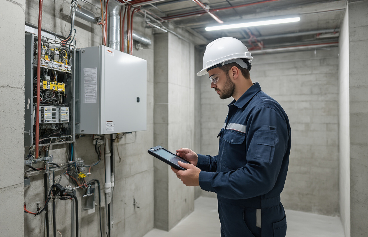 Create a realistic image of a professional white male property inspector wearing a uniform and hard hat examining essential building systems in a modern Dubai property, showing exposed electrical panels, HVAC ductwork, and plumbing pipes in a utility room or basement area, with the inspector holding a digital tablet and flashlight while conducting a thorough evaluation, modern concrete walls and technical infrastructure visible in the background, bright fluorescent lighting illuminating the technical equipment and systems, creating a professional and detailed inspection atmosphere, absolutely NO text should be in the scene.