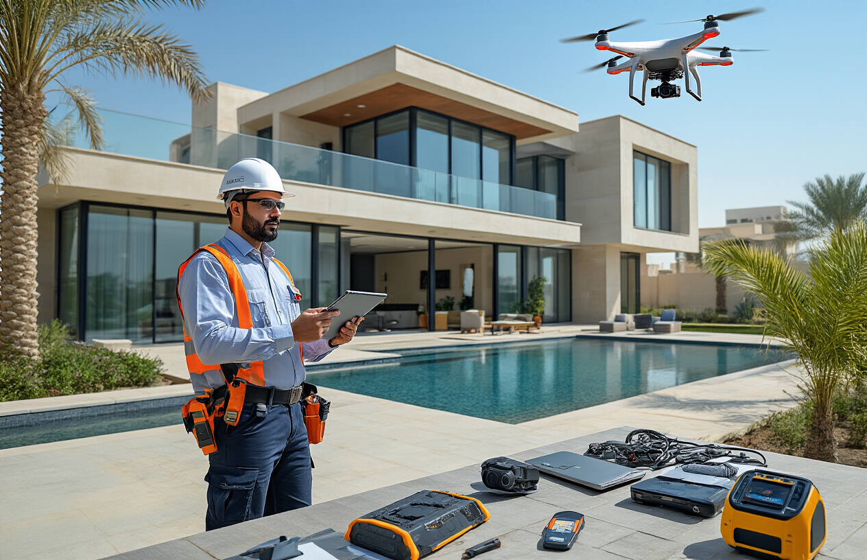 Create a realistic image of a Middle Eastern male property inspector in Dubai using advanced technology tools including a thermal imaging camera, digital tablet, and drone controller while conducting a modern property inspection, the scene shows a luxurious Dubai villa in the background with glass facades and contemporary architecture, the inspector is wearing professional attire and safety equipment, complementary elements include a small inspection drone hovering nearby, high-tech measuring devices, and modern inspection equipment laid out professionally, the setting has bright natural lighting with clear blue skies typical of Dubai, the mood conveys professionalism and technological advancement in property inspection services, absolutely NO text should be in the scene.