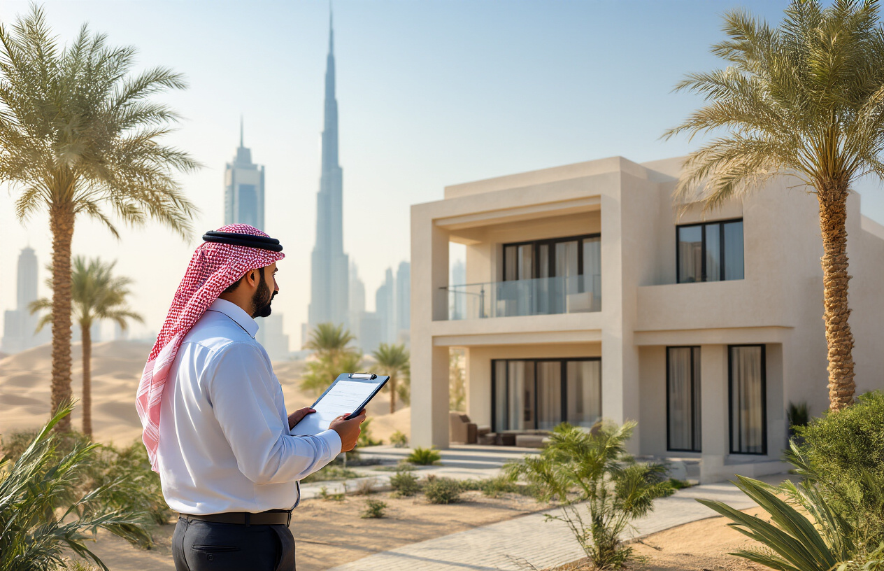 Create a realistic image of a professional Middle Eastern male inspector in business attire examining a modern residential property in Abu Dhabi, holding a clipboard and digital tablet while standing in front of a contemporary villa with traditional Arabic architectural elements, surrounded by palm trees and desert landscape under bright daylight, with the iconic Abu Dhabi skyline visible in the background, conveying a sense of thoroughness and professionalism in real estate evaluation. Absolutely NO text should be in the scene.