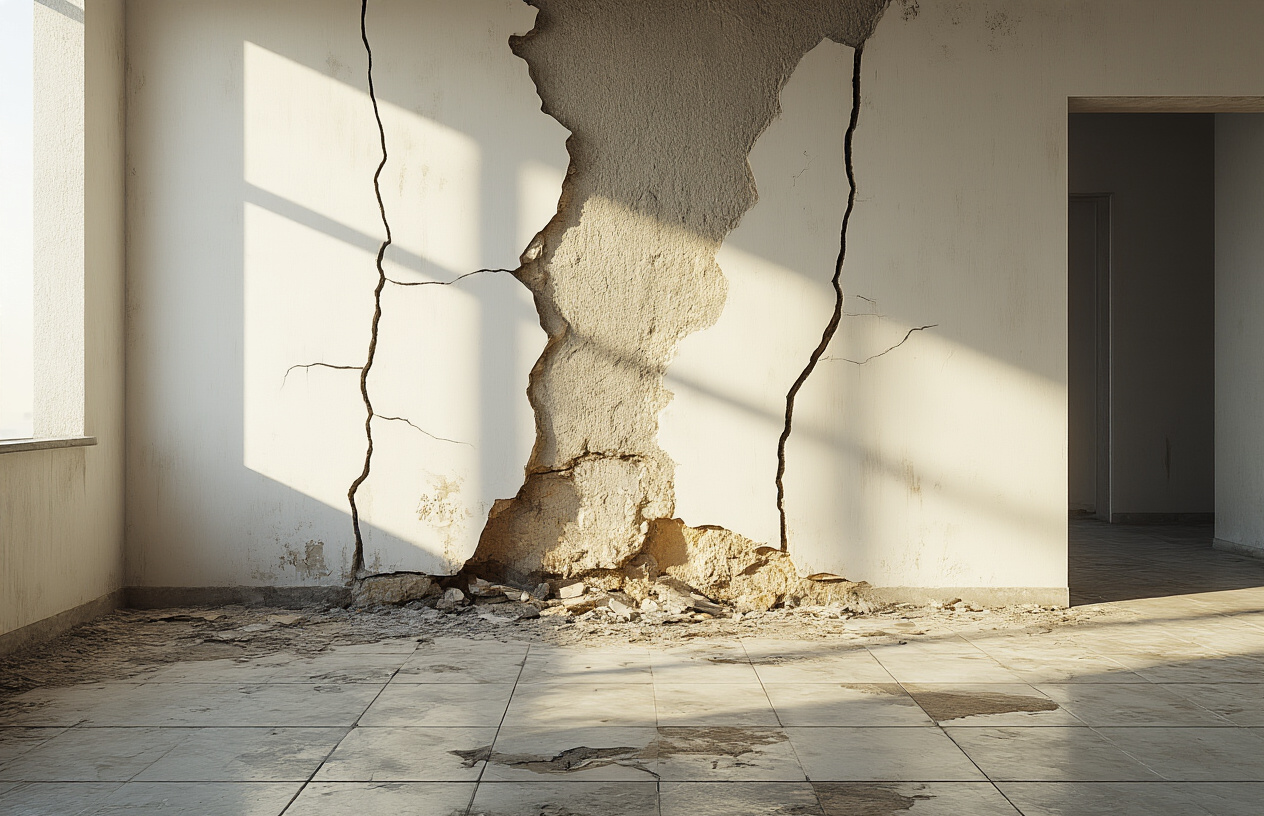 Create a realistic image of a damaged interior wall in a modern Abu Dhabi apartment showing severe structural problems including large cracks running vertically through white painted walls, water damage stains with brown discoloration, exposed concrete beneath peeling paint, a partially sagging ceiling with visible stress fractures, and damaged floor tiles with gaps, set in a residential living space with natural lighting coming through a window, creating shadows that emphasize the severity of the structural deterioration, with a mood that conveys neglect and costly repair needs, absolutely NO text should be in the scene.