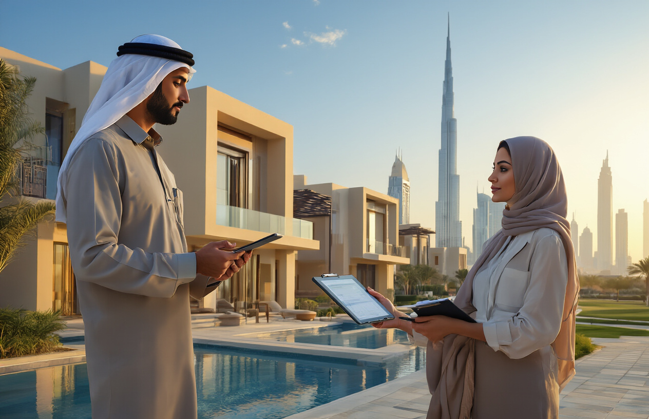 Create a realistic image of a Middle Eastern male inspector in professional attire holding a digital tablet and clipboard while examining a modern residential property in Abu Dhabi, with luxury villas and contemporary architecture in the background, golden hour lighting creating warm shadows across the scene, the inspector pointing at structural details of a building while a female real estate agent of Arab descent stands nearby taking notes, clear blue sky with Abu Dhabi's skyline visible in the distance, the scene conveying professionalism and thoroughness in property evaluation, absolutely NO text should be in the scene.