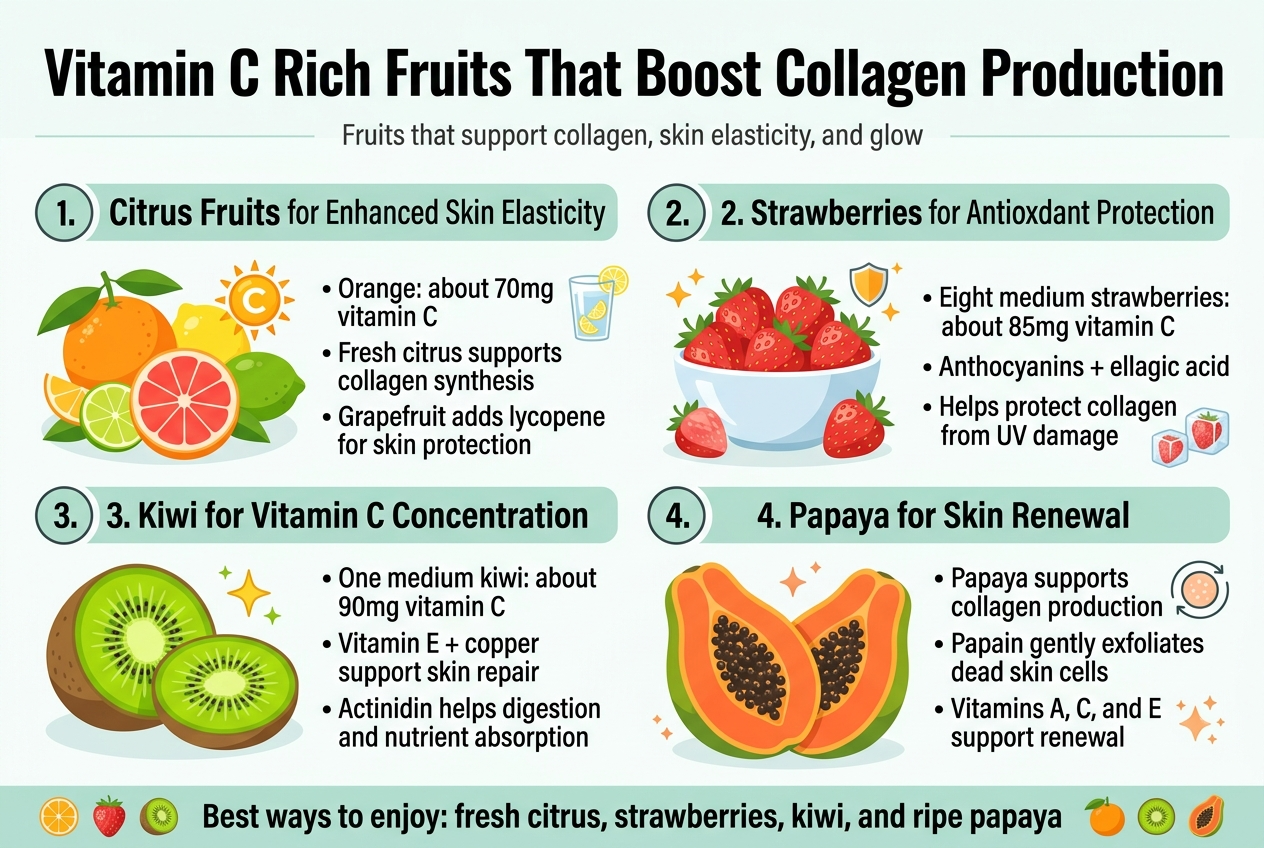 Create a clean, modern full-bleed infographic in a 3:2 aspect ratio about vitamin C-rich fruits that boost collagen production. Use a bright fresh color palette of citrus orange, strawberry red, kiwi green, papaya coral, white background accents, dark charcoal text, and soft green/teal highlight bars. Use bold sans-serif typography with a strong hierarchical layout.

TOP HEADER: large bold title centered across the top: “Vitamin C Rich Fruits That Boost Collagen Production”
Add a small subtitle beneath in lighter text: “Fruits that support collagen, skin elasticity, and glow”

LAYOUT: use four wide horizontal content blocks arranged in a 2x2 grid across the page, with clear spacing and clean dividers. Each block should have a large fruit illustration on one side and a short text list on the other. Include a small numbered circle icon at the top-left of each block.

SECTION 1 — top left block:
Header text: “1. Citrus Fruits for Enhanced Skin Elasticity”
Show illustrated oranges, lemons, limes, and grapefruit with a sunburst vitamin C icon.
Include short bullet text:
• “Orange: about 70mg vitamin C”
• “Fresh citrus supports collagen synthesis”
• “Grapefruit adds lycopene for skin protection”
Add a small icon of a water glass with lemon slices near the text.

SECTION 2 — top right block:
Header text: “2. Strawberries for Antioxidant Protection”
Show a bowl of strawberries with sparkling antioxidant icons.
Include short bullet text:
• “Eight medium strawberries: about 85mg vitamin C”
• “Anthocyanins + ellagic acid”
• “Helps protect collagen from UV damage”
Add a small shield icon and tiny frozen strawberry cube icon.

SECTION 3 — bottom left block:
Header text: “3. Kiwi for Vitamin C Concentration”
Show sliced kiwi with bright green flesh and seeds.
Include short bullet text:
• “One medium kiwi: about 90mg vitamin C”
• “Vitamin E + copper support skin repair”
• “Actinidin helps digestion and nutrient absorption”
Add a small glowing star icon near the kiwi slices.

SECTION 4 — bottom right block:
Header text: “4. Papaya for Skin Renewal”
Show a halved papaya with orange flesh and black seeds.
Include short bullet text:
• “Papaya supports collagen production”
• “Papain gently exfoliates dead skin cells”
• “Vitamins A, C, and E support renewal”
Add a small circular exfoliation/renewal icon and subtle carotenoid sparkle accents.

BOTTOM STRIP: add a thin concluding banner across the bottom with bold text:
“Best ways to enjoy: fresh citrus, strawberries, kiwi, and ripe papaya”
Add small fruit icons repeating in a neat row.

STYLE: crisp medical-wellness infographic, balanced spacing, minimal shadows, flat vector illustration style, high readability, professional and polished, no clutter, no extra text.