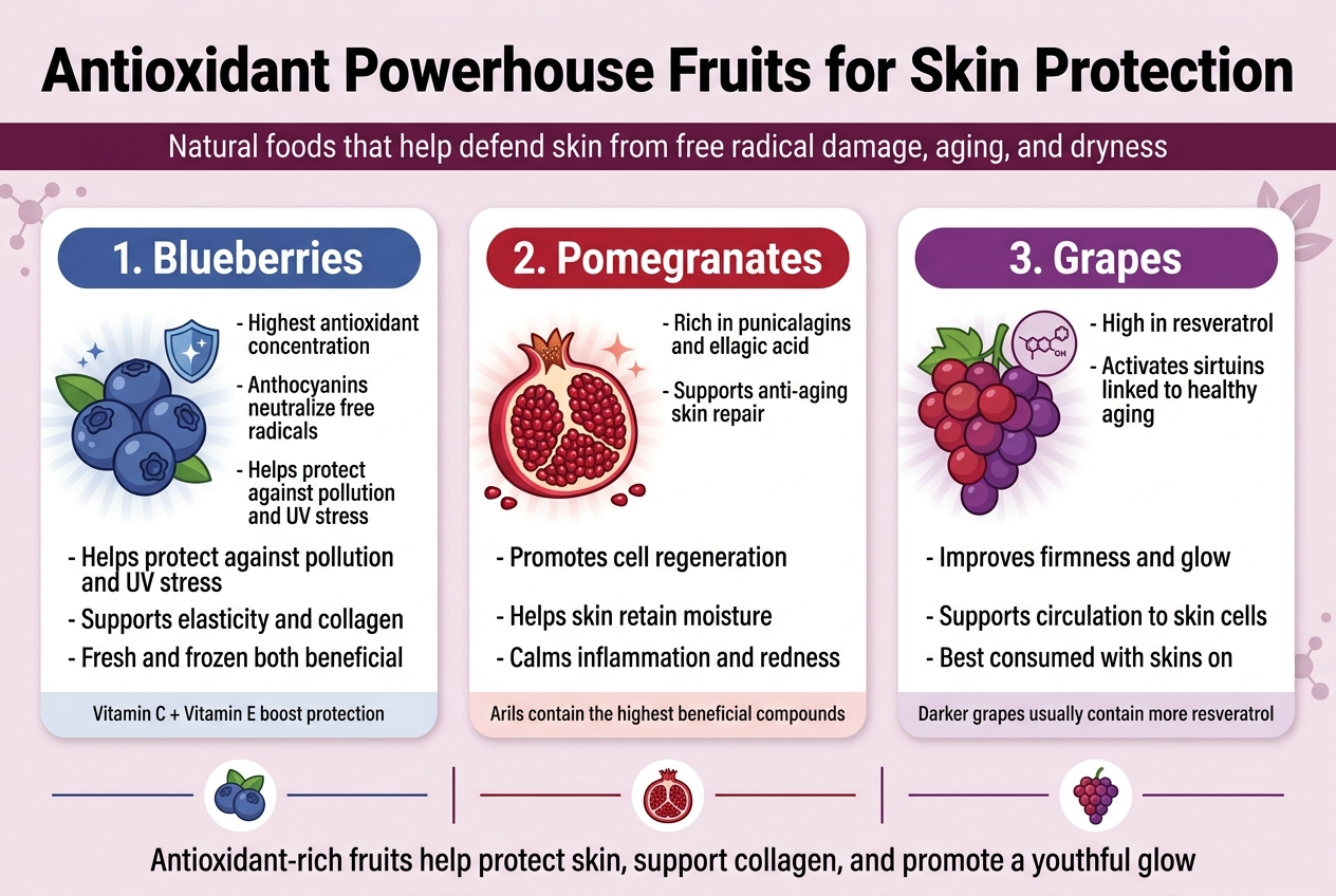 Create a full-bleed 3:2 infographic illustration with a clean modern skincare-and-nutrition aesthetic, using a white background with deep berry purple, blueberry blue, pomegranate red, and grape violet accent colors. Use bold sans-serif typography for headings and smaller clean sans-serif body text. Layout should be wide and horizontal, not a narrow poster, with three evenly spaced content blocks across the center and a strong title band at the top.

Top center heading in large bold text: "Antioxidant Powerhouse Fruits for Skin Protection"

Under the title, place a thin subtitle strip with small text: "Natural foods that help defend skin from free radical damage, aging, and dryness"

Main body: three side-by-side illustrated sections with rounded white cards and colored headers, each with a fruit illustration on the left and bullet points on the right.

Left section header in blue: "1. Blueberries"
Place a cluster of blueberries with a small shield and sparkle icon.
Add these bullet points:
- "Highest antioxidant concentration"
- "Anthocyanins neutralize free radicals"
- "Helps protect against pollution and UV stress"
- "Supports elasticity and collagen"
- "Fresh and frozen both beneficial"
Add a small footer line: "Vitamin C + Vitamin E boost protection"

Center section header in red: "2. Pomegranates"
Place a sliced pomegranate with visible arils and a glow icon.
Add these bullet points:
- "Rich in punicalagins and ellagic acid"
- "Supports anti-aging skin repair"
- "Promotes cell regeneration"
- "Helps skin retain moisture"
- "Calms inflammation and redness"
Add a small footer line: "Arils contain the highest beneficial compounds"

Right section header in purple: "3. Grapes"
Place a bunch of red and purple grapes with a resveratrol molecule icon.
Add these bullet points:
- "High in resveratrol"
- "Activates sirtuins linked to healthy aging"
- "Improves firmness and glow"
- "Supports circulation to skin cells"
- "Best consumed with skins on"
Add a small footer line: "Darker grapes usually contain more resveratrol"

Include a bottom horizontal summary bar spanning the width with three small icons separated by dividers: a blueberry, a pomegranate, and grapes. Add centered text in the bar: "Antioxidant-rich fruits help protect skin, support collagen, and promote a youthful glow"

Use subtle decorative background elements like faint molecular dots, leaf shapes, and soft radial glows behind each fruit. Keep all text crisp, readable, and aligned. Use a professional editorial infographic style with clear hierarchy, balanced spacing, and no extra text beyond what is specified.