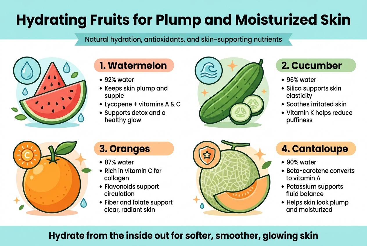 Create a full-bleed clean professional infographic in 3:2 aspect ratio about hydrating fruits for skin health. Use a fresh skincare palette of aqua blue, soft peach, coral, citrus orange, and leafy green, with white background accents and modern sans-serif fonts. Place a bold large title across the top: "Hydrating Fruits for Plump and Moisturized Skin". Use a wide horizontal layout with four evenly spaced feature blocks in a 2x2 grid across the page, each block with a large fruit illustration, a circular icon, and short bullet text.

Top section: add a slim subtitle ribbon with small text: "Natural hydration, antioxidants, and skin-supporting nutrients".

Block 1 on upper left: a watermelon illustration with droplets and a water icon. Heading: "1. Watermelon". Bullet points: "92% water", "Keeps skin plump and supple", "Lycopene + vitamins A & C", "Supports detox and a healthy glow".

Block 2 on upper right: a cucumber illustration with a cooling wave icon. Heading: "2. Cucumber". Bullet points: "96% water", "Silica supports skin elasticity", "Soothes irritated skin", "Vitamin K helps reduce puffiness".

Block 3 on lower left: an orange illustration with a sunburst vitamin icon. Heading: "3. Oranges". Bullet points: "87% water", "Rich in vitamin C for collagen", "Flavonoids support circulation", "Fiber and folate support clear, radiant skin".

Block 4 on lower right: a cantaloupe illustration with a shield-and-star icon. Heading: "4. Cantaloupe". Bullet points: "90% water", "Beta-carotene converts to vitamin A", "Potassium supports fluid balance", "Helps skin look plump and moisturized".

Add a centered bottom takeaway bar with bold text: "Hydrate from the inside out for softer, smoother, glowing skin". Use small decorative water droplets, leaf accents, and subtle glow highlights around each fruit. Keep spacing balanced, text highly readable, and the layout wide and uncluttered.