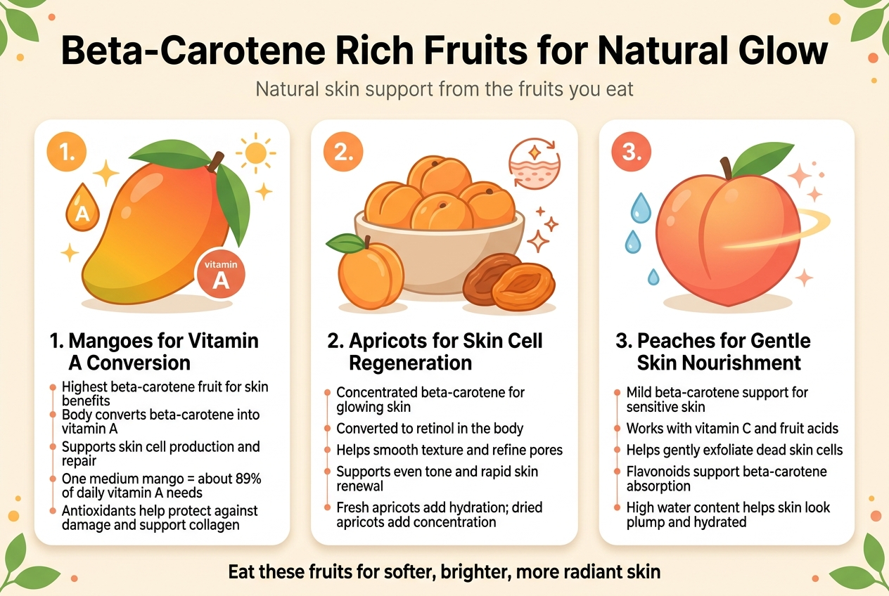 Create a clean, professional infographic illustration in a full-bleed 3:2 landscape layout with a fresh wellness aesthetic. Use a bright cream background with tropical orange, peach, coral, and leaf-green accents. Add a bold top headline in large modern sans-serif font: "Beta-Carotene Rich Fruits for Natural Glow". Place a small subtitle beneath in lighter text: "Natural skin support from the fruits you eat". 

Organize the infographic into three wide horizontal sections across the page, each with a numbered circle, a fruit illustration, and supporting text. Use clear visual hierarchy, soft shadows, rounded cards, and simple flat vector icons.

SECTION 1 on the left or upper-left:
A large illustrated mango with a small vitamin A droplet icon and sun-glow sparkles.
Text block title: "1. Mangoes for Vitamin A Conversion"
Bullets or short lines:
"Highest beta-carotene fruit for skin benefits"
"Body converts beta-carotene into vitamin A"
"Supports skin cell production and repair"
"One medium mango = about 89% of daily vitamin A needs"
"Antioxidants help protect against damage and support collagen"

SECTION 2 in the center:
A bowl of apricots with one fresh apricot and one dried apricot side by side, plus a skin cell renewal icon and small retinol-style sparkle symbol.
Text block title: "2. Apricots for Skin Cell Regeneration"
Bullets or short lines:
"Concentrated beta-carotene for glowing skin"
"Converted to retinol in the body"
"Helps smooth texture and refine pores"
"Supports even tone and rapid skin renewal"
"Fresh apricots add hydration; dried apricots add concentration"

SECTION 3 on the right or lower-right:
A ripe peach with water droplet icons, soft exfoliation sparkles, and a gentle glow ring.
Text block title: "3. Peaches for Gentle Skin Nourishment"
Bullets or short lines:
"Mild beta-carotene support for sensitive skin"
"Works with vitamin C and fruit acids"
"Helps gently exfoliate dead skin cells"
"Flavonoids support beta-carotene absorption"
"High water content helps skin look plump and hydrated"

Add a small bottom banner across the full width with a simple concluding line in bold: "Eat these fruits for softer, brighter, more radiant skin". Include small decorative glow dots and leaf motifs around the edges. Use crisp readable typography, strong contrast, and balanced spacing. No photo realism, only polished infographic vector art.