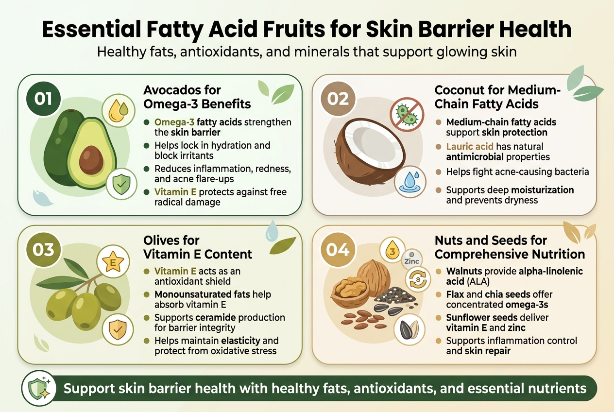 Create a clean, professional full-bleed infographic in a 3:2 aspect ratio with a wide horizontal layout, no poster frame, no inset margins, and no narrow centered stack. Use a fresh natural color palette of deep green, avocado green, coconut white, olive green, warm beige, and soft gold accents. Use modern sans-serif fonts with a bold title at the top and clear hierarchy.

TOP HEADER:
Large bold heading centered across the top: "Essential Fatty Acid Fruits for Skin Barrier Health"
Add a subtle subtitle beneath in smaller text: "Healthy fats, antioxidants, and minerals that support glowing skin"

MAIN BODY:
Organize the content into 4 horizontal sections or 4 wide rounded cards across two rows, each with a large numbered circle, a food illustration, and short bullet points. Use small icons for each benefit.

SECTION 1 — left top:
Numbered circle: "01"
Illustration of a sliced avocado with a droplet and shield icon.
Title: "Avocados for Omega-3 Benefits"
Bullets:
"Omega-3 fatty acids strengthen the skin barrier"
"Helps lock in hydration and block irritants"
"Reduces inflammation, redness, and acne flare-ups"
"Vitamin E protects against free radical damage"

SECTION 2 — right top:
Numbered circle: "02"
Illustration of a coconut half with a bacteria icon crossed out and a moisture droplet icon.
Title: "Coconut for Medium-Chain Fatty Acids"
Bullets:
"Medium-chain fatty acids support skin protection"
"Lauric acid has natural antimicrobial properties"
"Helps fight acne-causing bacteria"
"Supports deep moisturization and prevents dryness"

SECTION 3 — left bottom:
Numbered circle: "03"
Illustration of olives with a vitamin E star icon and a barrier shield icon.
Title: "Olives for Vitamin E Content"
Bullets:
"Vitamin E acts as an antioxidant shield"
"Monounsaturated fats help absorb vitamin E"
"Supports ceramide production for barrier integrity"
"Helps maintain elasticity and protect from oxidative stress"

SECTION 4 — right bottom:
Numbered circle: "04"
Illustration of walnuts, flax seeds, chia seeds, and sunflower seeds in a small cluster with omega-3, zinc, and repair icons.
Title: "Nuts and Seeds for Comprehensive Nutrition"
Bullets:
"Walnuts provide alpha-linolenic acid (ALA)"
"Flax and chia seeds offer concentrated omega-3s"
"Sunflower seeds deliver vitamin E and zinc"
"Supports inflammation control and skin repair"

BOTTOM STRIP:
Add a clean summary bar across the bottom with a shield-and-glow icon and the text:
"Support skin barrier health with healthy fats, antioxidants, and essential nutrients"

DESIGN DETAILS:
Use simple flat vector icons, soft gradients, subtle leaf and water motifs, balanced spacing, and clear visual separators between sections. Highlight key words like "Omega-3", "Vitamin E", "Lauric acid", and "skin barrier" in bold accent color. Keep the layout airy, polished, and easy to scan.