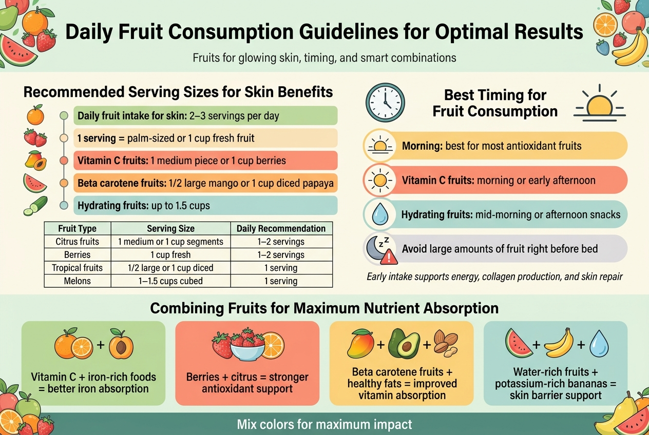 Create a clean, professional full-bleed infographic in aspect ratio 3:2 with a fresh wellness aesthetic, using soft greens, coral, orange, yellow, and light cream backgrounds, with dark charcoal text and subtle teal accents. Use modern sans-serif fonts with a bold title at the top and clear section headings. Layout should be wide and organized into three main horizontal sections across the page, not a narrow vertical poster.

TOP HEADER:
Large bold title centered across the top: "Daily Fruit Consumption Guidelines for Optimal Results"
Add a small subtitle beneath in lighter text: "Fruits for glowing skin, timing, and smart combinations"

SECTION 1: RECOMMENDED SERVING SIZES FOR SKIN BENEFITS
Place this section on the left half and center-left area with a header in bold:
"Recommended Serving Sizes for Skin Benefits"
Use a 2-column visual table with fruit icons beside each row and small circular markers.
Include these rows exactly:
"Daily fruit intake for skin: 2–3 servings per day"
"1 serving = palm-sized or 1 cup fresh fruit"
"Vitamin C fruits: 1 medium piece or 1 cup berries"
"Beta carotene fruits: 1/2 large mango or 1 cup diced papaya"
"Hydrating fruits: up to 1.5 cups"
Below, include a compact table with three columns and visible grid lines:
"Fruit Type | Serving Size | Daily Recommendation"
"Citrus fruits | 1 medium or 1 cup segments | 1–2 servings"
"Berries | 1 cup fresh | 1–2 servings"
"Tropical fruits | 1/2 large or 1 cup diced | 1 serving"
"Melons | 1–1.5 cups cubed | 1 serving"
Use fruit icons: orange, strawberries, mango/papaya, watermelon, cucumber.

SECTION 2: BEST TIMING FOR FRUIT CONSUMPTION
Place this section on the center-right area with a clock icon and sunrise/sun icons.
Header text:
"Best Timing for Fruit Consumption"
Use three stacked horizontal callout boxes with icons:
"Morning: best for most antioxidant fruits"
"Vitamin C fruits: morning or early afternoon"
"Hydrating fruits: mid-morning or afternoon snacks"
Add a small bedtime icon with a moon and a warning symbol:
"Avoid large amounts of fruit right before bed"
Include a short supporting line in smaller text:
"Early intake supports energy, collagen production, and skin repair"

SECTION 3: COMBINING FRUITS FOR MAXIMUM NUTRIENT ABSORPTION
Place this section across the bottom as four colorful combination cards with fruit bowl illustrations.
Header text:
"Combining Fruits for Maximum Nutrient Absorption"
Card 1 with orange and apricot icon:
"Vitamin C + iron-rich foods = better iron absorption"
Card 2 with strawberries and orange slices:
"Berries + citrus = stronger antioxidant support"
Card 3 with mango, avocado, and nuts:
"Beta carotene fruits + healthy fats = improved vitamin absorption"
Card 4 with watermelon, banana, and water droplet icon:
"Water-rich fruits + potassium-rich bananas = skin barrier support"
Add a closing banner across the bottom:
"Mix colors for maximum impact"

VISUAL STYLE:
Use bright fruit illustrations, clean line icons, soft shadows, rounded rectangles, and balanced spacing. Keep the infographic readable with strong hierarchy, bold section headers, and concise text. Place decorative fruit clusters in corners for balance, but keep all text legible and centered within sections.