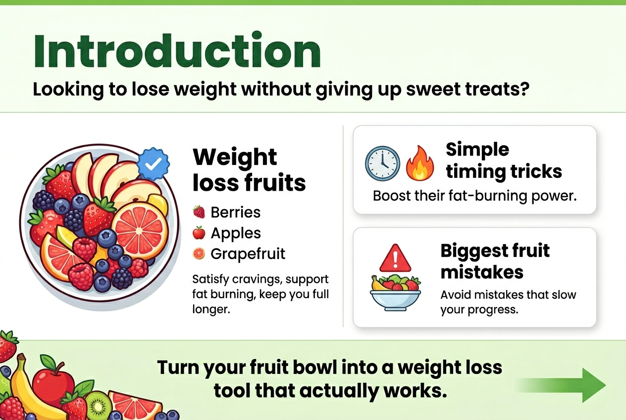 Full-bleed landscape infographic in 3:2 aspect ratio, clean modern professional style, bright fresh health-and-nutrition palette with greens, reds, yellows, white background accents, bold sans-serif typography, strong visual hierarchy, wide horizontal layout with three main content blocks across the page, no poster frame, no narrow centered stack.
Top band: large bold heading centered-left in dark green text, exact text: "Introduction"
Directly beneath, smaller subtitle in black text: "Looking to lose weight without giving up sweet treats?"
Left side main block: a large bowl of mixed fruit illustration with berries, sliced apples, and grapefruit, with a small blue checkmark badge. Next to it, a bold short headline: "Weight loss fruits"
Under it, three short bullet lines with small icon markers:
"• Berries"
"• Apples"
"• Grapefruit"
Then a short line in smaller text: "Satisfy cravings, support fat burning, keep you full longer."
Center block: a horizontal card with a clock icon and a flame icon, titled in bold: "Simple timing tricks"
Below it, smaller text: "Boost their fat-burning power."
Right side block: a caution card with a red warning triangle icon and a fruit bowl icon, titled in bold: "Biggest fruit mistakes"
Below it, smaller text: "Avoid mistakes that slow your progress."
Bottom wide banner spanning the page with a fresh fruit trail illustration and a green arrow, bold closing line centered: "Turn your fruit bowl into a weight loss tool that actually works."
Use clean section dividers, rounded cards, subtle shadows, crisp readable text, balanced spacing, and clear placement: heading at top, main content blocks across the middle, closing banner at bottom.