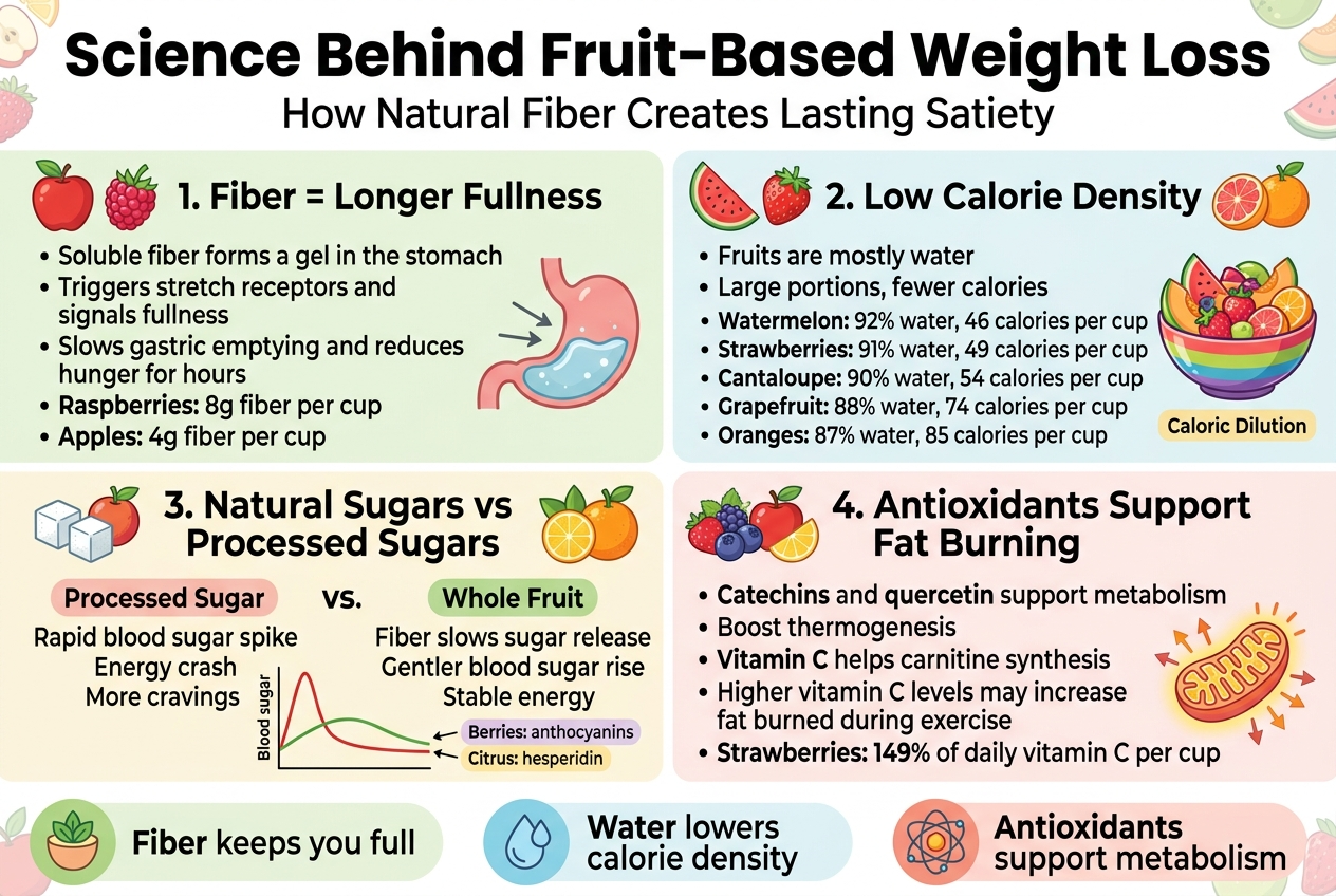 Create a clean, professional full-bleed infographic in a 3:2 landscape aspect ratio about fruit-based weight loss, using bright fresh colors like green, red, orange, yellow, and blue on a light white background with subtle fruit accents. Use modern sans-serif fonts, bold headings, clear hierarchy, and wide horizontal multi-section layout with no vertical poster frame.
Top header across the full width:
Large bold title: "Science Behind Fruit-Based Weight Loss"
Smaller subtitle beneath: "How Natural Fiber Creates Lasting Satiety"
Main body arranged in four wide horizontal sections or panels across the canvas, each with a distinct icon and short text blocks:
1) Left top panel with an apple and raspberry icon:
Heading: "1. Fiber = Longer Fullness"
Bullet points:
"• Soluble fiber forms a gel in the stomach"
"• Triggers stretch receptors and signals fullness"
"• Slows gastric emptying and reduces hunger for hours"
"• Raspberries: 8g fiber per cup"
"• Apples: 4g fiber per cup"
Add a simple stomach graphic with expanding gel.
2) Right top panel with watermelon, strawberry, grapefruit, and orange icons:
Heading: "2. Low Calorie Density"
Bullet points:
"• Fruits are mostly water"
"• Large portions, fewer calories"
"• Watermelon: 92% water, 46 calories per cup"
"• Strawberries: 91% water, 49 calories per cup"
"• Cantaloupe: 90% water, 54 calories per cup"
"• Grapefruit: 88% water, 74 calories per cup"
"• Oranges: 87% water, 85 calories per cup"
Include a colorful bowl packed with fruit and a small label: "Caloric Dilution"
3) Left bottom panel with a sugar cube versus fruit icon:
Heading: "3. Natural Sugars vs Processed Sugars"
Split into two labeled sides:
Left label: "Processed Sugar"
Text: "Rapid blood sugar spike"
"Energy crash"
"More cravings"
Right label: "Whole Fruit"
Text: "Fiber slows sugar release"
"Gentler blood sugar rise"
"Stable energy"
Add a small blood sugar line graph: sharp spike on the left, smooth curve on the right. Include small callouts: "Berries: anthocyanins" and "Citrus: hesperidin"
4) Right bottom panel with berries, apple, citrus, and a mitochondria icon:
Heading: "4. Antioxidants Support Fat Burning"
Bullet points:
"• Catechins and quercetin support metabolism"
"• Boost thermogenesis"
"• Vitamin C helps carnitine synthesis"
"• Higher vitamin C levels may increase fat burned during exercise"
"• Strawberries: 149% of daily vitamin C per cup"
Add small energy/heat arrows around a glowing mitochondria illustration.
Bottom strip across the width as a summary bar with three rounded stat boxes and icons:
Box 1 text: "Fiber keeps you full"
Box 2 text: "Water lowers calorie density"
Box 3 text: "Antioxidants support metabolism"
Use clear visual markers, fruit illustrations, small charts, and simple arrows connecting cause and effect. Emphasize key numbers in bold. Keep the layout balanced, bright, readable, and infographic-style with strong contrast and clean spacing.