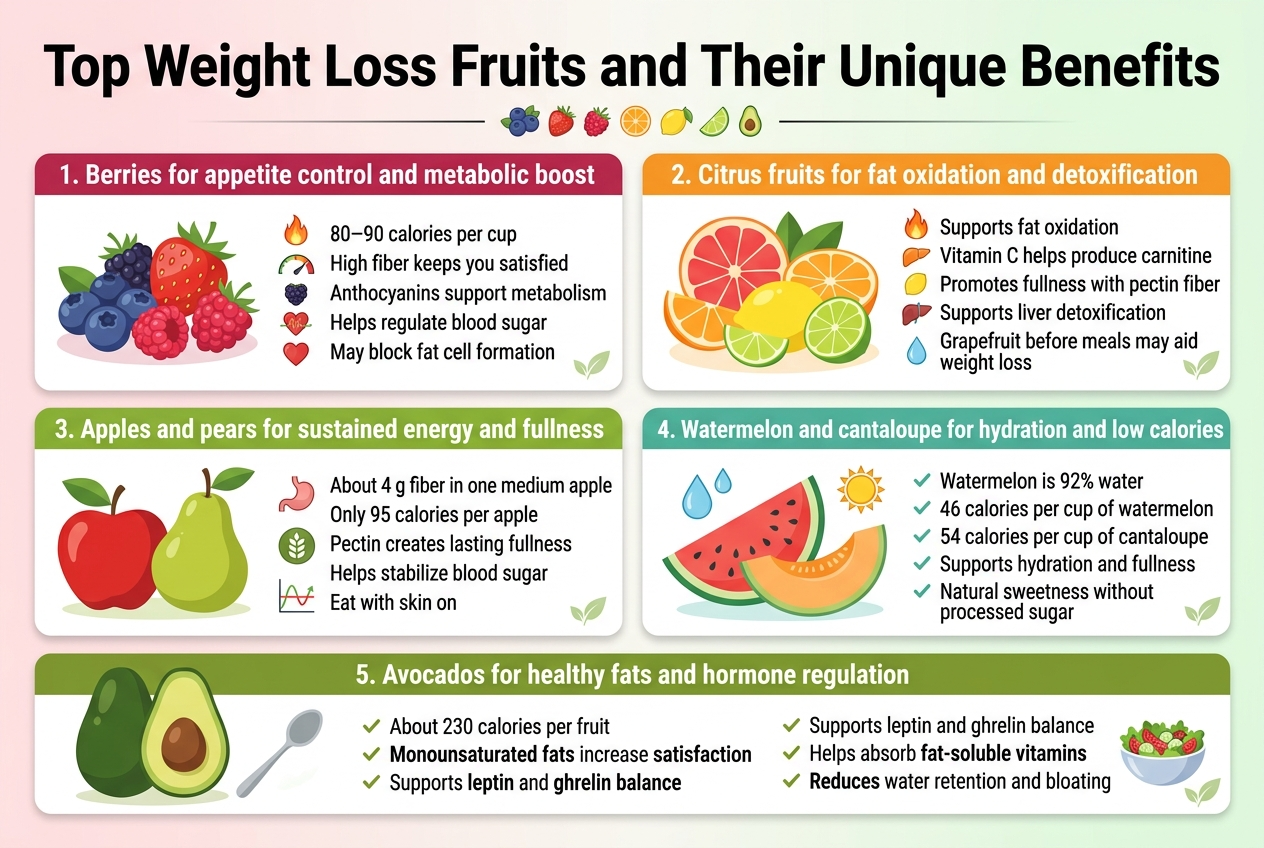 Create a full-bleed professional infographic illustration in a 3:2 aspect ratio with a clean modern nutrition style, bright fresh colors, and clear visual hierarchy. Use a white background with soft gradient accents in berry red, citrus orange, melon green, and avocado green. Large bold title across the top: "Top Weight Loss Fruits and Their Unique Benefits". Use a strong sans-serif font for headings and a smaller readable sans-serif font for body text. Organize the infographic into 5 wide horizontal or two-column sections with fruit illustrations and simple icons, avoiding a narrow vertical poster layout.
Top header area: place the title centered across the full width, with a thin line of small fruit icons beneath it.
Section 1 on the upper left: "1. Berries for appetite control and metabolic boost" with a cluster of blueberries, strawberries, raspberries, and blackberries. Add small icons of a flame, a speedometer, and a heart. Include short bullet text:
"80–90 calories per cup"
"High fiber keeps you satisfied"
"Anthocyanins support metabolism"
"Helps regulate blood sugar"
"May block fat cell formation"
Section 2 on the upper right: "2. Citrus fruits for fat oxidation and detoxification" with grapefruit, orange slices, lemon, and lime illustrations. Add icons of a fat-burning flame, a liver, and a water droplet. Include short bullet text:
"Supports fat oxidation"
"Vitamin C helps produce carnitine"
"Promotes fullness with pectin fiber"
"Supports liver detoxification"
"Grapefruit before meals may aid weight loss"
Section 3 on the middle left: "3. Apples and pears for sustained energy and fullness" with a red apple and a green pear, both shown with leaves and skin visible. Add icons of a stomach, a fiber symbol, and a balanced blood sugar graph. Include short bullet text:
"About 4 g fiber in one medium apple"
"Only 95 calories per apple"
"Pectin creates lasting fullness"
"Helps stabilize blood sugar"
"Eat with skin on"
Section 4 on the middle right: "4. Watermelon and cantaloupe for hydration and low calories" with slices of watermelon and cantaloupe, water droplets, and a summer sun icon. Include short bullet text:
"Watermelon is 92% water"
"46 calories per cup of watermelon"
"54 calories per cup of cantaloupe"
"Supports hydration and fullness"
"Natural sweetness without processed sugar"
Section 5 across the bottom full width: "5. Avocados for healthy fats and hormone regulation" with a halved avocado, a spoon, and a small salad bowl icon. Include short bullet text:
"About 230 calories per fruit"
"Monounsaturated fats increase satisfaction"
"Supports leptin and ghrelin balance"
"Helps absorb fat-soluble vitamins"
"Reduces water retention and bloating"
Use clean card-style blocks with soft shadows, thin dividers, and color-coded section headers: berry red, citrus orange, apple green, melon teal, avocado green. Add small checkmark bullets, subtle leaf accents, and simple flat vector fruit illustrations. Keep text concise, crisp, and highly legible. No people, no extra decorative clutter, no borders around the entire image.