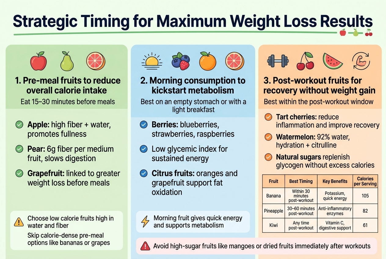 Create a full-bleed 3:2 landscape infographic with a clean modern health-and-wellness style, white background with soft green, blue, orange, and red accents, bold sans-serif typography, clear hierarchy, and wide horizontal layout with three main content panels across the page.
Top header spanning full width: large bold title text in dark navy:
"Strategic Timing for Maximum Weight Loss Results"
Add a thin green underline and small fruit icons near the title.
Below the title, divide the infographic into three wide horizontal sections or columns with distinct colored header bars and simple flat vector icons.
LEFT SECTION: pale green panel with an apple, pear, and grapefruit icons
Header text:
"1. Pre-meal fruits to reduce overall calorie intake"
Subheading text in smaller dark text:
"Eat 15–30 minutes before meals"
Include 3 bullet points with check icons:
"Apple: high fiber + water, promotes fullness"
"Pear: 6g fiber per medium fruit, slows digestion"
"Grapefruit: linked to greater weight loss before meals"
Add a small callout box at the bottom with a warning icon:
"Choose low calorie fruits high in water and fiber"
"Skip calorie-dense pre-meal options like bananas or grapes"
CENTER SECTION: light blue panel with sunrise, berries, orange, and grapefruit icons
Header text:
"2. Morning consumption to kickstart metabolism"
Subheading text:
"Best on an empty stomach or with a light breakfast"
Include 3 bullet points with check icons:
"Berries: blueberries, strawberries, raspberries"
"Low glycemic index for sustained energy"
"Citrus fruits: oranges and grapefruit support fat oxidation"
Add a small energy bolt icon and a short bottom note:
"Morning fruit gives quick energy and supports metabolism"
RIGHT SECTION: soft orange panel with dumbbell, cherry, watermelon, and recovery icons
Header text:
"3. Post-workout fruits for recovery without weight gain"
Subheading text:
"Best within the post-workout window"
Include 3 bullet points with check icons:
"Tart cherries: reduce inflammation and improve recovery"
"Watermelon: 92% water, hydration + citrulline"
"Natural sugars replenish glycogen without excess calories"
Add a small table at the bottom with neat grid lines and bold header row. Exact table text:
"Fruit" | "Best Timing" | "Key Benefits" | "Calories per Serving"
"Banana" | "Within 30 minutes post-workout" | "Potassium, quick energy" | "105"
"Pineapple" | "30–60 minutes post-workout" | "Anti-inflammatory enzymes" | "82"
"Kiwi" | "Any time post-workout" | "Vitamin C, digestive support" | "61"
Add a slim bottom banner across all sections with a red caution icon and text:
"Avoid high-sugar fruits like mangoes or dried fruits immediately after workouts"
Use clean spacing, aligned content blocks, subtle shadows, and small icon markers for each bullet. Keep text crisp and fully readable, with strong visual contrast and a polished editorial infographic look.