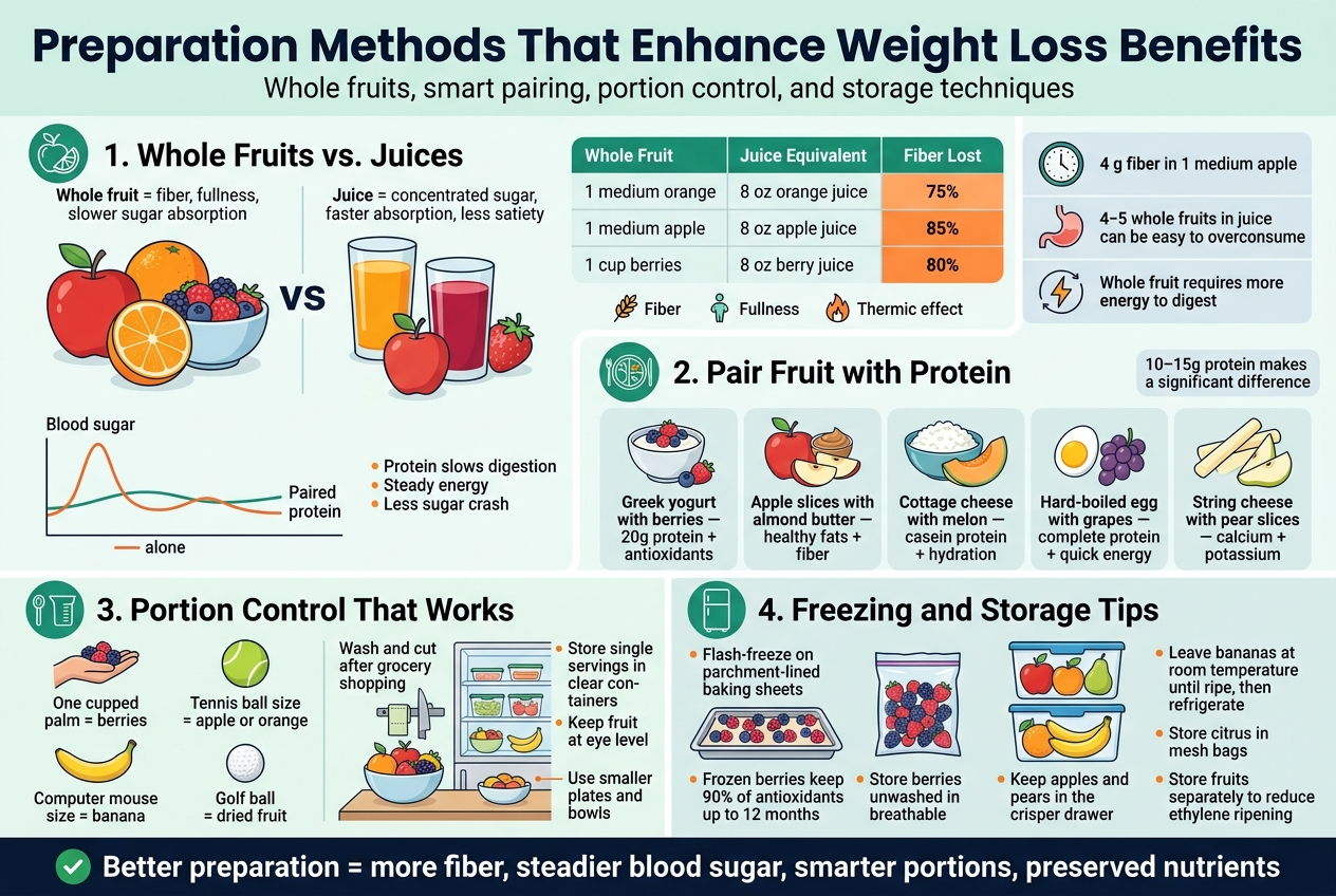 Create a clean, professional full-bleed infographic in a 3:2 aspect ratio with a bright white background, teal and green accents, dark navy text, and orange highlight details. Use modern sans-serif fonts with a bold title at the top and clearly separated horizontal sections with icons and simple charts. No poster frame, no inset margins, no narrow vertical stack.
Top header across the full width:
Bold title text: "Preparation Methods That Enhance Weight Loss Benefits"
Subtitle beneath in smaller text: "Whole fruits, smart pairing, portion control, and storage techniques"
Section 1 on the upper left, with a fruit icon and a split comparison layout:
Heading: "1. Whole Fruits vs. Juices"
Show a large whole apple, orange, and bowl of berries on the left, and matching juice glasses on the right.
Include short callout text blocks:
"Whole fruit = fiber, fullness, slower sugar absorption"
"Juice = concentrated sugar, faster absorption, less satiety"
Add a simple comparison table with three rows and three columns labeled:
"Whole Fruit" | "Juice Equivalent" | "Fiber Lost"
Rows:
"1 medium orange" | "8 oz orange juice" | "75%"
"1 medium apple" | "8 oz apple juice" | "85%"
"1 cup berries" | "8 oz berry juice" | "80%"
Add a small icon row for satiety, fiber, and metabolism with labels:
"Fiber"
"Fullness"
"Thermic effect"
Section 1 on the upper right, a small side panel with a clock and stomach icon:
Text blocks:
"4 g fiber in 1 medium apple"
"4-5 whole fruits in juice can be easy to overconsume"
"Whole fruit requires more energy to digest"
Section 2 centered across the middle, with a balanced plate icon and blood sugar line graph:
Heading: "2. Pair Fruit with Protein"
Show a simple blood sugar line that spikes alone and stays steadier when paired with protein.
Include short text:
"Protein slows digestion"
"Steady energy"
"Less sugar crash"
Add a horizontal row of five food pairing cards with small icons and labels:
"Greek yogurt with berries — 20g protein + antioxidants"
"Apple slices with almond butter — healthy fats + fiber"
"Cottage cheese with melon — casein protein + hydration"
"Hard-boiled egg with grapes — complete protein + quick energy"
"String cheese with pear slices — calcium + potassium"
Add a small note box:
"10–15g protein makes a significant difference"
Section 3 on the lower left, with measuring tools and containers:
Heading: "3. Portion Control That Works"
Show visual portion guides with labeled shapes:
"One cupped palm = berries"
"Tennis ball size = apple or orange"
"Computer mouse size = banana"
"Golf ball = dried fruit"
Include a small pre-portioning scene with clear containers in a fridge and a fruit bowl on the counter.
Add short callouts:
"Wash and cut after grocery shopping"
"Store single servings in clear containers"
"Keep fruit at eye level"
"Use smaller plates and bowls"
Section 4 on the lower right, with freezer, fridge, and storage icons:
Heading: "4. Freezing and Storage Tips"
Show a freezer tray with berries on parchment, then berry bags, plus separate storage containers for apples, pears, bananas, and citrus.
Add bullet-style text blocks:
"Flash-freeze on parchment-lined baking sheets"
"Frozen berries keep 90% of antioxidants up to 12 months"
"Store berries unwashed in breathable containers"
"Keep apples and pears in the crisper drawer"
"Leave bananas at room temperature until ripe, then refrigerate"
"Store citrus in mesh bags"
"Store fruits separately to reduce ethylene ripening"
Bottom footer bar across the full width with a small green checkmark icon:
Text: "Better preparation = more fiber, steadier blood sugar, smarter portions, preserved nutrients"
Use clear section dividers, simple flat vector icons, and strong visual hierarchy with the title largest, section headings medium, and supporting text smaller but readable.