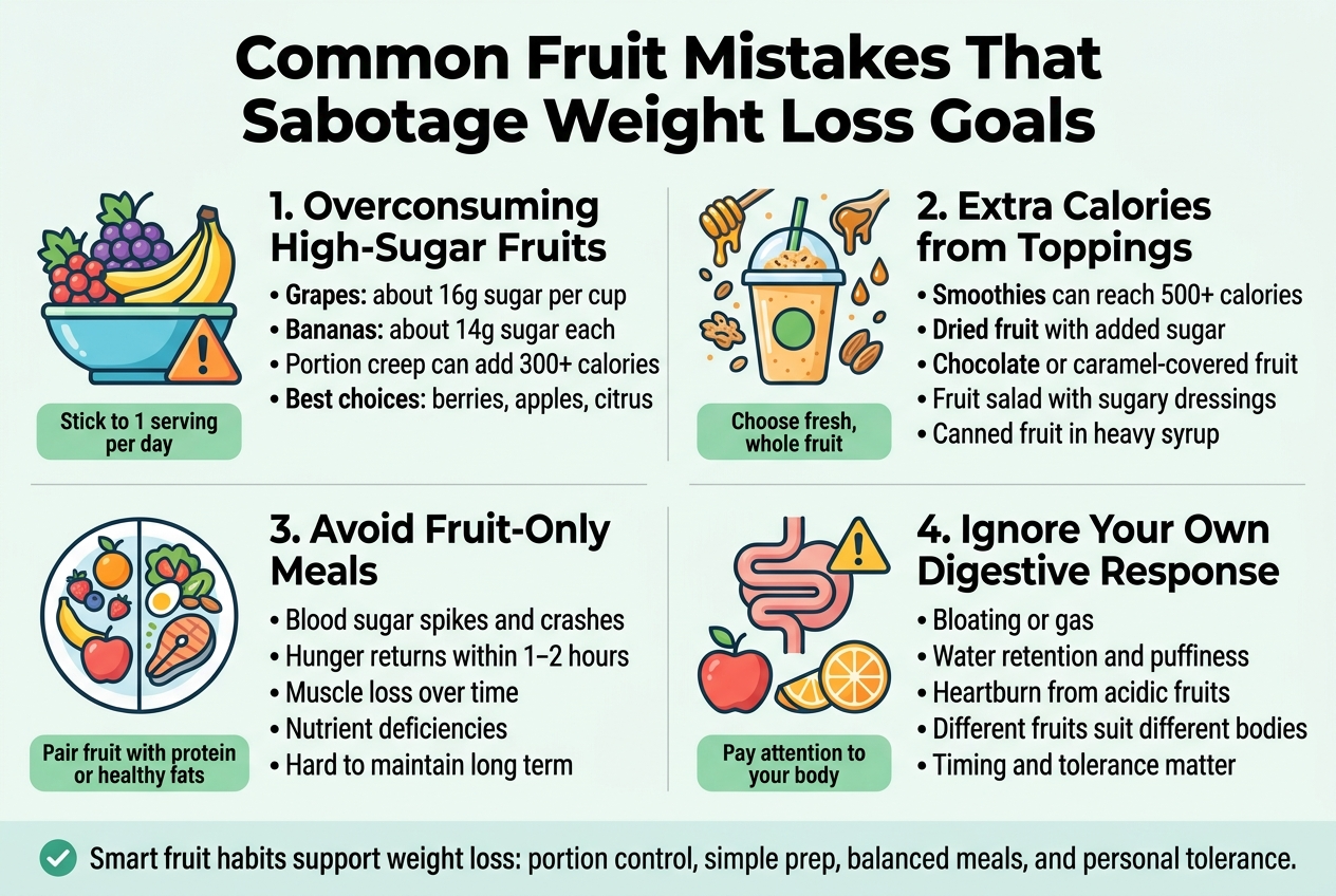 Create a clean, professional full-bleed infographic illustration in a 3:2 aspect ratio with a modern health-and-nutrition style. Use a white background with fresh green, blue, yellow, and orange accents, bold sans-serif typography, and clear visual hierarchy. Place a large bold title across the top: "Common Fruit Mistakes That Sabotage Weight Loss Goals".
Below the title, organize the content into 4 wide horizontal sections or two-column blocks with numbered headers, icons, and short readable text. Use colorful flat vector icons, subtle dividers, and strong spacing.
Section 1 on the upper left: a fruit bowl icon with grapes and bananas, plus a warning badge. Header text: "1. Overconsuming High-Sugar Fruits". Include bullet text:
"• Grapes: about 16g sugar per cup"
"• Bananas: about 14g sugar each"
"• Portion creep can add 300+ calories"
"• Best choices: berries, apples, citrus"
Add a small note in a green label: "Stick to 1 serving per day"
Section 2 on the upper right: a smoothie cup icon with honey, granola, nut butter, and syrup drips. Header text: "2. Extra Calories from Toppings". Include bullet text:
"• Smoothies can reach 500+ calories"
"• Dried fruit with added sugar"
"• Chocolate or caramel-covered fruit"
"• Fruit salad with sugary dressings"
"• Canned fruit in heavy syrup"
Add a small green label: "Choose fresh, whole fruit"
Section 3 on the lower left: a plate icon showing only fruit on one side and a balanced meal on the other side. Header text: "3. Avoid Fruit-Only Meals". Include bullet text:
"• Blood sugar spikes and crashes"
"• Hunger returns within 1–2 hours"
"• Muscle loss over time"
"• Nutrient deficiencies"
"• Hard to maintain long term"
Add a small green label: "Pair fruit with protein or healthy fats"
Section 4 on the lower right: a digestive system icon, apple, citrus slice, and allergy warning symbol. Header text: "4. Ignore Your Own Digestive Response". Include bullet text:
"• Bloating or gas"
"• Water retention and puffiness"
"• Heartburn from acidic fruits"
"• Different fruits suit different bodies"
"• Timing and tolerance matter"
Add a small green label: "Pay attention to your body"
At the bottom, add a slim summary banner with a checkmark icon and the text: "Smart fruit habits support weight loss: portion control, simple prep, balanced meals, and personal tolerance." Use bright but tasteful health-themed colors, crisp icons, and a polished editorial infographic layout with wide horizontal structure, not a narrow poster.