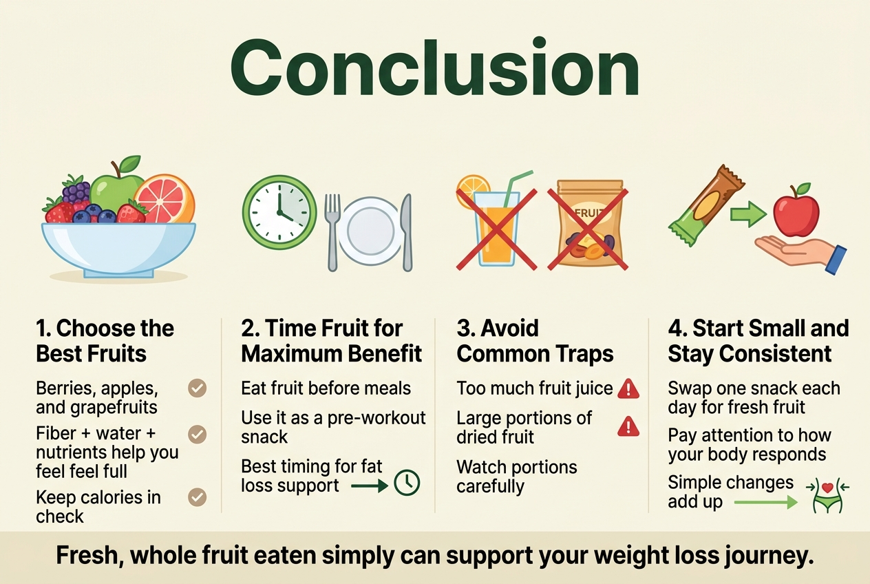 Create a clean, professional full-bleed infographic in a 3:2 aspect ratio with a light cream background, fresh green and berry color accents, and modern sans-serif typography. Place a bold शीर्ष? No, English text only. Put a large headline at the top center: "Conclusion" in dark green, bold, high contrast. Use a wide horizontal layout with four evenly spaced content blocks across the middle and lower area, not a vertical stack.
Block 1 on the upper-left: a bright fruit bowl icon with berries, an apple, and a grapefruit. Title text: "1. Choose the Best Fruits" in bold. Body text beneath: "Berries, apples, and grapefruits" and "Fiber + water + nutrients help you feel full" and "Keep calories in check". Use small checkmark icons beside each line.
Block 2 on the upper-right: a clock icon and a fork/plate icon. Title text: "2. Time Fruit for Maximum Benefit" in bold. Body text beneath: "Eat fruit before meals" and "Use it as a pre-workout snack" and "Best timing for fat loss support". Use a small arrow and clock symbol.
Block 3 on the lower-left: a crossed-out juice glass icon and a crossed-out dried fruit bag icon. Title text: "3. Avoid Common Traps" in bold. Body text beneath: "Too much fruit juice" and "Large portions of dried fruit" and "Watch portions carefully". Use red warning badges beside the two caution items.
Block 4 on the lower-right: a hand swapping a snack bar for an apple icon. Title text: "4. Start Small and Stay Consistent" in bold. Body text beneath: "Swap one snack each day for fresh fruit" and "Pay attention to how your body responds" and "Simple changes add up". Use a green arrow and small heart/waistline icon.
Add a subtle bottom banner spanning the width with the closing message in bold: "Fresh, whole fruit eaten simply can support your weight loss journey." Use clear visual hierarchy, generous spacing, crisp flat illustrations, and readable text. No borders, no poster frame, no vertical centered column.