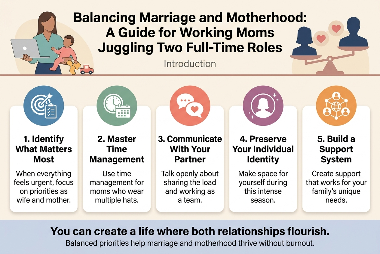 Create a full-bleed 3:2 landscape infographic with a clean, professional, warm modern style for working moms. Use a soft cream background with muted teal, blush, coral, and navy accents. Use bold sans-serif typography for headings and smaller readable sans-serif body text. No vertical poster layout; use a wide horizontal composition with multiple sections across the page.
TOP HEADER AREA:
- Large bold title centered across the top: "Balancing Marriage and Motherhood: A Guide for Working Moms Juggling Two Full-Time Roles"
- Smaller subtitle directly beneath in lighter weight: "Introduction"
- Add a simple wide illustration strip behind the header: a working mother holding a laptop and a child’s toy on one side, and a spouse silhouette with a heart icon on the other, connected by a balance scale motif.
MAIN BODY, SPLIT INTO 5 WIDE PANELS OR CARDS ACROSS THE PAGE:
1. Left panel with a blue circular icon of a target and checklist.
Heading: "1. Identify What Matters Most"
Body text: "When everything feels urgent, focus on priorities as wife and mother."
2. Next panel with a green circular icon of a clock and calendar.
Heading: "2. Master Time Management"
Body text: "Use time management for moms who wear multiple hats."
3. Center panel with a coral circular icon of two speech bubbles and a heart.
Heading: "3. Communicate With Your Partner"
Body text: "Talk openly about sharing the load and working as a team."
4. Next panel with a purple circular icon of a woman silhouette inside a circle with sparkle stars.
Heading: "4. Preserve Your Individual Identity"
Body text: "Make space for yourself during this intense season."
5. Right panel with an orange circular icon of three connected people and a support network web.
Heading: "5. Build a Support System"
Body text: "Create support that works for your family's unique needs."
BOTTOM STRIP ACROSS THE FULL WIDTH:
- A highlighted conclusion banner with a soft navy background and white text.
- Main statement in bold: "You can create a life where both relationships flourish."
- Smaller supporting line beneath: "Balanced priorities help marriage and motherhood thrive without burnout."
DESIGN DETAILS:
- Use clear section dividers, rounded cards, subtle shadows, and consistent spacing.
- Use small numbered badges in each panel.
- Include simple icons above each heading.
- Keep all text crisp and fully legible.
- Use a balanced, airy layout with visual flow from left to right.