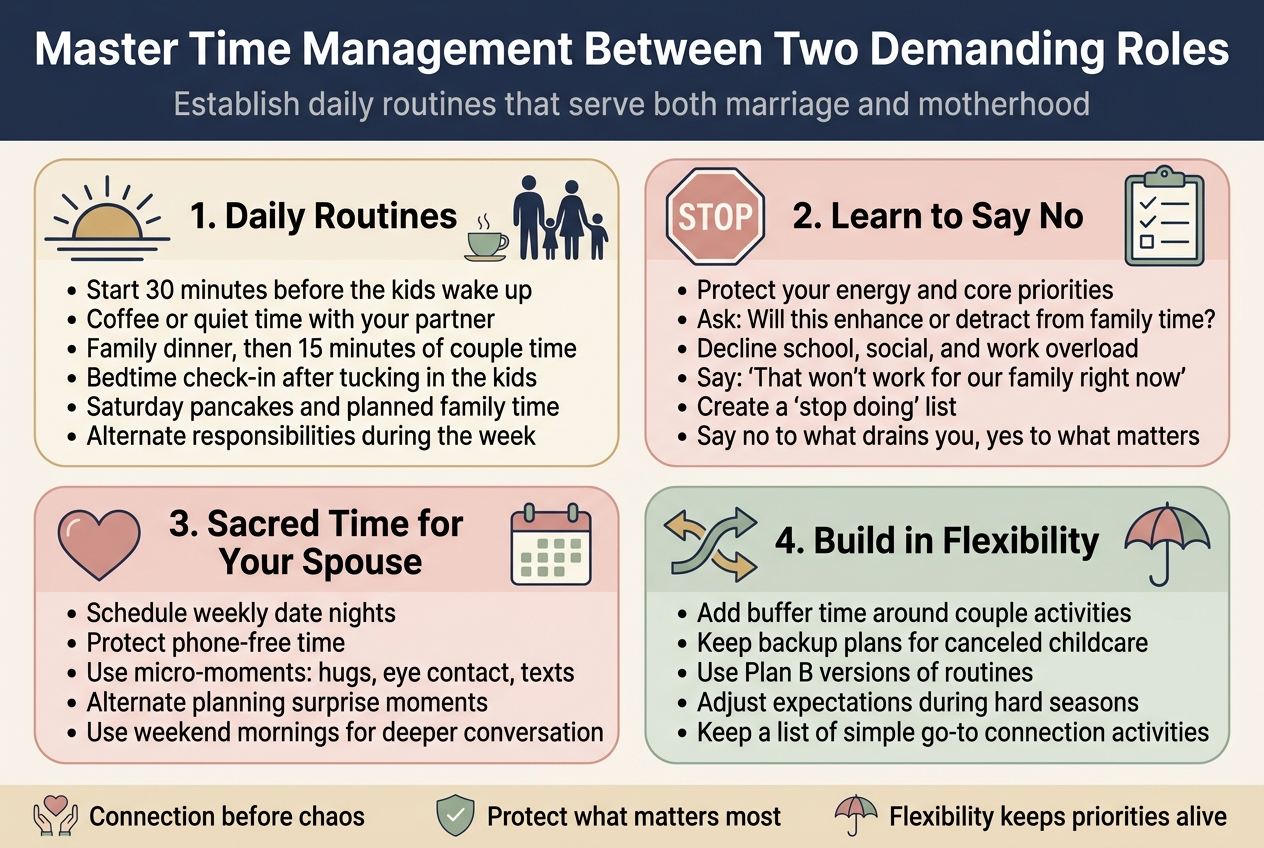 Create a full-bleed 3:2 landscape infographic illustration with a clean, modern professional style, soft warm pastel palette (navy, blush pink, sage green, cream, gold accents), crisp sans-serif fonts, strong visual hierarchy, and wide horizontal sections arranged in a balanced 2x2 grid with a bold title bar across the top. No poster frame, no inset margins, no narrow vertical stack.
Top header:
Large bold title centered at top in dark navy: "Master Time Management Between Two Demanding Roles"
Smaller subtitle beneath in muted gray: "Establish daily routines that serve both marriage and motherhood"
Main body: four large rounded-corner panels with icons and numbered headings, each panel containing short bullet points.
Panel 1 at upper left with a sunrise icon and a small coffee cup and family silhouette:
Heading: "1. Daily Routines"
Bullets:
"• Start 30 minutes before the kids wake up"
"• Coffee or quiet time with your partner"
"• Family dinner, then 15 minutes of couple time"
"• Bedtime check-in after tucking in the kids"
"• Saturday pancakes and planned family time"
"• Alternate responsibilities during the week"
Panel 2 at upper right with a stop sign icon and checklist icon:
Heading: "2. Learn to Say No"
Bullets:
"• Protect your energy and core priorities"
"• Ask: Will this enhance or detract from family time?"
"• Decline school, social, and work overload"
"• Say: 'That won't work for our family right now'"
"• Create a 'stop doing' list"
"• Say no to what drains you, yes to what matters"
Panel 3 at lower left with a heart and calendar icon:
Heading: "3. Sacred Time for Your Spouse"
Bullets:
"• Schedule weekly date nights"
"• Protect phone-free time"
"• Use micro-moments: hugs, eye contact, texts"
"• Alternate planning surprise moments"
"• Use weekend mornings for deeper conversation"
Panel 4 at lower right with a flexible arrows icon and umbrella icon:
Heading: "4. Build in Flexibility"
Bullets:
"• Add buffer time around couple activities"
"• Keep backup plans for canceled childcare"
"• Use Plan B versions of routines"
"• Adjust expectations during hard seasons"
"• Keep a list of simple go-to connection activities"
Bottom strip across the full width with three small icon callouts and short phrases:
"Connection before chaos"
"Protect what matters most"
"Flexibility keeps priorities alive"
Use clear section dividers, subtle shadows, elegant spacing, and simple illustrated icons for each section. Keep all text legible, well-aligned, and optimized for infographic readability.