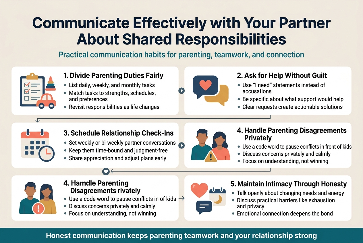 Create a clean, professional full-bleed infographic illustration in a 3:2 aspect ratio, wide horizontal layout with no poster frame, using a modern flat vector style. Use a soft neutral background with navy, teal, coral, and warm gold accents. Use bold sans-serif typography for headings and readable sans-serif body text.
Top center: large bold title in dark navy text: "Communicate Effectively with Your Partner About Shared Responsibilities"
Directly below the title, a short subtitle in smaller teal text: "Practical communication habits for parenting, teamwork, and connection"
Main layout: five wide horizontal content blocks arranged in a 2-row grid across the canvas, each block with a colored icon on the left, a bold section heading, and 2–3 short bullet points.
Block 1, upper left: icon of a checklist and small child toys. Heading: "1. Divide Parenting Duties Fairly"
Bullets:
"List daily, weekly, and monthly tasks"
"Match tasks to strengths, schedules, and preferences"
"Revisit responsibilities as life changes"
Block 2, upper right: icon of two speech bubbles with a heart. Heading: "2. Ask for Help Without Guilt"
Bullets:
"Use 'I need' statements instead of accusations"
"Be specific about what support would help"
"Clear requests create actionable solutions"
Block 3, lower left: icon of a calendar with a clock and two people. Heading: "3. Schedule Relationship Check-Ins"
Bullets:
"Set weekly or bi-weekly partner conversations"
"Keep them time-bound and judgment-free"
"Share appreciation and adjust plans early"
Block 4, lower center-right: icon of two parents with a small pause/caution symbol. Heading: "4. Handle Parenting Disagreements Privately"
Bullets:
"Use a code word to pause conflicts in front of kids"
"Discuss concerns privately and calmly"
"Focus on understanding, not winning"
Block 5, lower far right: icon of a heart, speech bubble, and calendar moon/naptime symbol. Heading: "5. Maintain Intimacy Through Honesty"
Bullets:
"Talk openly about changing needs and energy"
"Discuss practical barriers like exhaustion and privacy"
"Emotional connection deepens the bond"
Add subtle connecting lines or arrows between the blocks to suggest flow, with small icon markers and clear spacing. Include a thin footer bar across the bottom with a final highlighted statement in white text on deep teal: "Honest communication keeps parenting teamwork and your relationship strong"