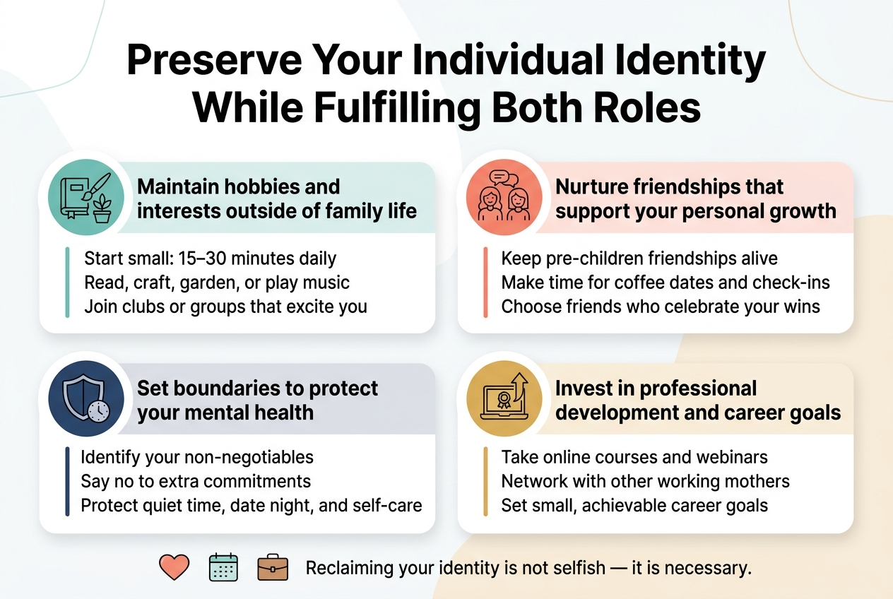 Create a full-bleed 3:2 landscape infographic in a clean modern flat-vector style with soft pastel colors, teal, coral, navy, and warm beige accents. Use a bright white background with subtle abstract shapes. Place a bold, large headline across the top:
"Preserve Your Individual Identity While Fulfilling Both Roles"
Below the title, arrange four wide horizontal content blocks in a two-by-two grid or balanced multi-column layout, each with a colored circular icon on the left, a bold section heading, and 2–3 short supporting lines. Use a clear sans-serif font, strong hierarchy, and simple line icons. Include these exact section titles and text:
1) Left top block: a teal icon of a book, paintbrush, and plant.
Heading: "Maintain hobbies and interests outside of family life"
Body text:
"Start small: 15–30 minutes daily"
"Read, craft, garden, or play music"
"Join clubs or groups that excite you"
2) Right top block: a coral icon of two friendly people with speech bubbles.
Heading: "Nurture friendships that support your personal growth"
Body text:
"Keep pre-children friendships alive"
"Make time for coffee dates and check-ins"
"Choose friends who celebrate your wins"
3) Left bottom block: a navy icon of a shield and a small clock.
Heading: "Set boundaries to protect your mental health"
Body text:
"Identify your non-negotiables"
"Say no to extra commitments"
"Protect quiet time, date night, and self-care"
4) Right bottom block: a gold icon of a laptop, diploma, and upward arrow.
Heading: "Invest in professional development and career goals"
Body text:
"Take online courses and webinars"
"Network with other working mothers"
"Set small, achievable career goals"
Add a small supportive footer strip at the bottom with three simple icons spaced evenly: a heart, a calendar, and a briefcase, alongside the short text:
"Reclaiming your identity is not selfish — it is necessary."
Use clear spacing, rounded rectangles for each block, subtle shadows, and crisp alignment. Keep the layout wide and balanced with no centered vertical poster stack.